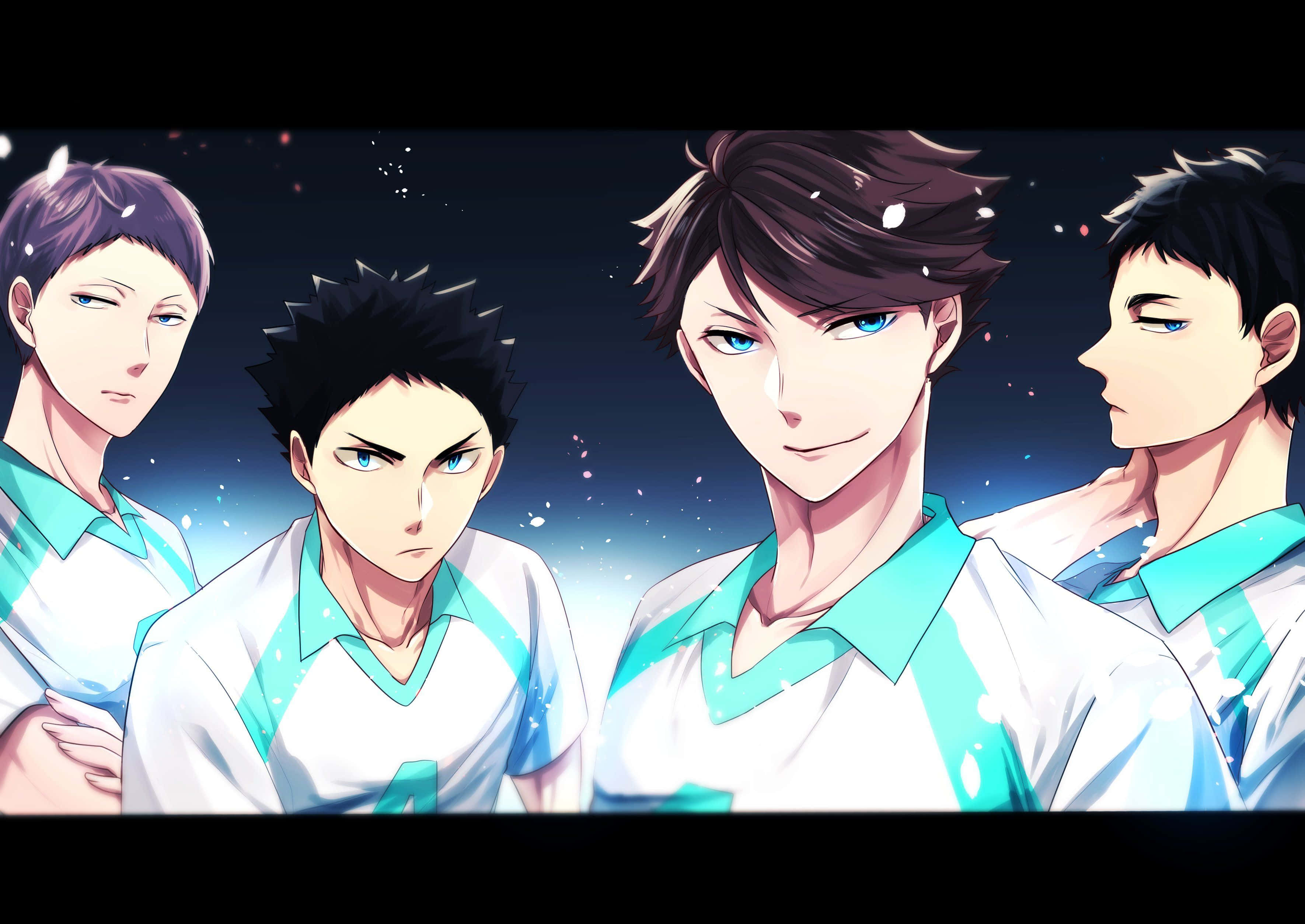 iwaizumi hajime 桌布 壁紙 — 四名身穿白色和青綠色制服的動漫排球選手，在帶有發光粒子的星空夜空下站立。