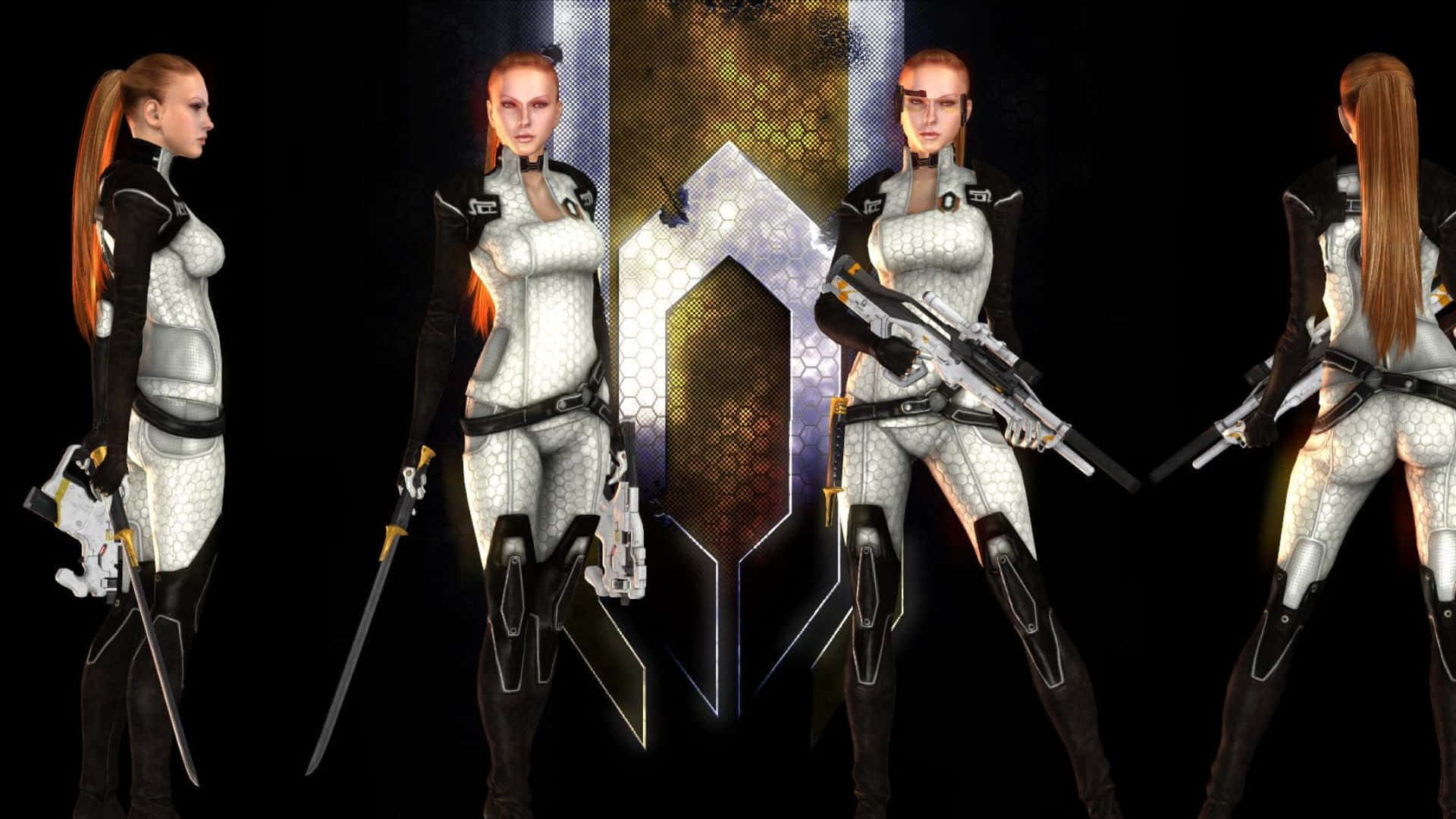 Mass Effect Cerberus 桌布 壁紙 — 四名身穿白色和黑色戰術裝備的裝甲女兵，在發光的六邊形傳送門前，手持未來武器擺出姿勢。