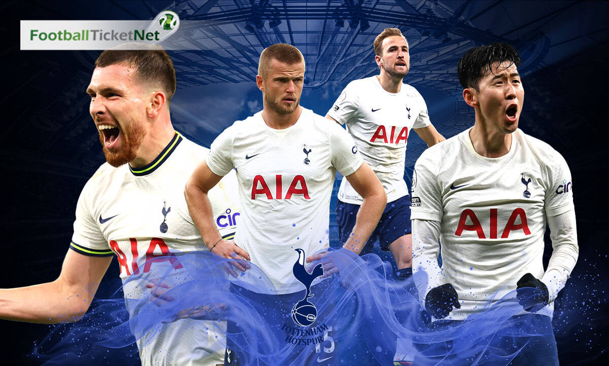 運動 桌布 壁紙 — 四名身穿白色球衣的托特納姆熱刺足球員在深色球場背景下，伴隨著藍色能量漩渦，充滿動感地慶祝。