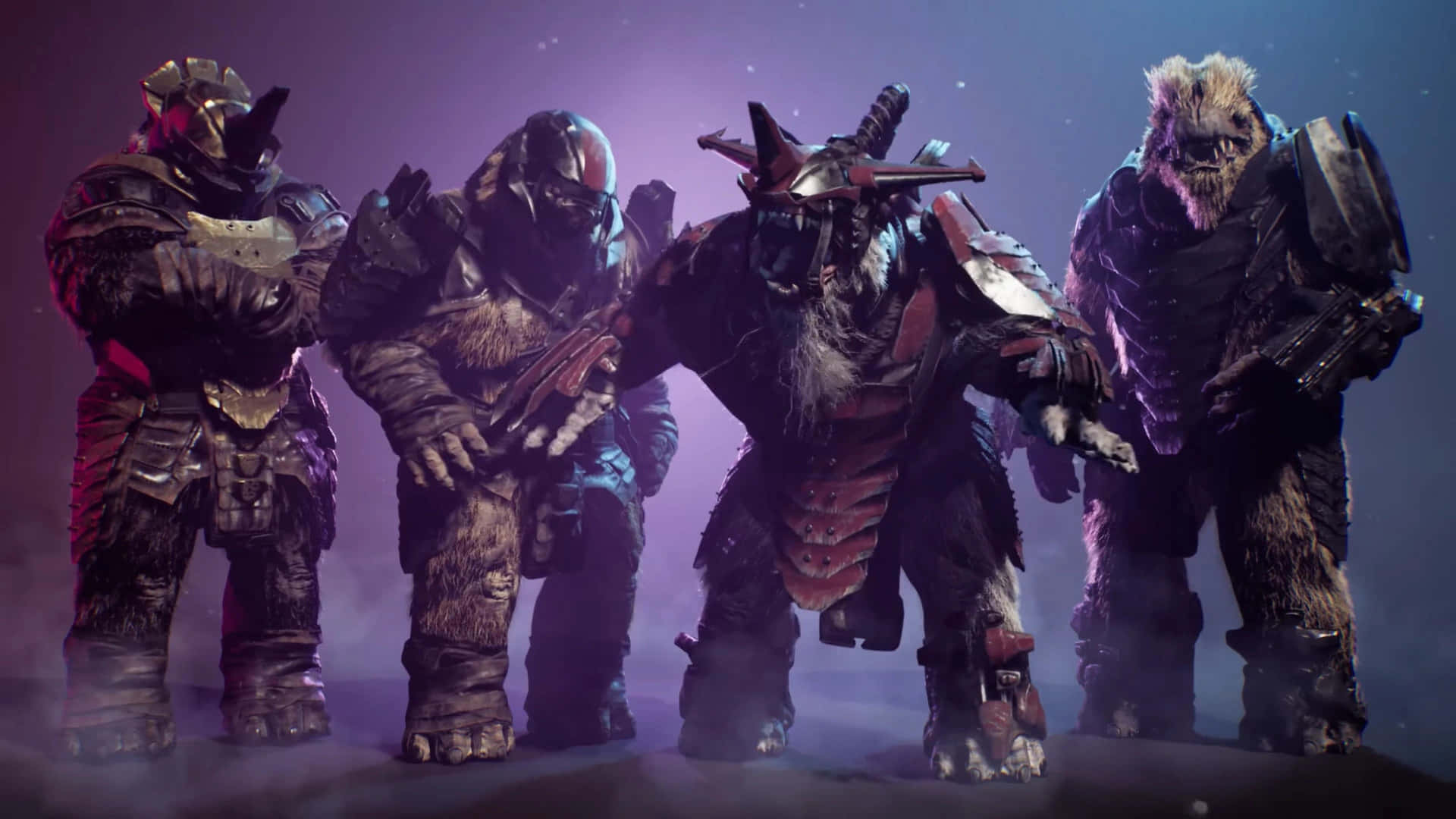 Halo Brutes 桌布 壁紙 — 四名身穿盔甲、帶有野獸特徵的奇幻戰士，站在煙霧瀰漫、紫色燈光的競技場中，拔出武器，準備戰鬥。