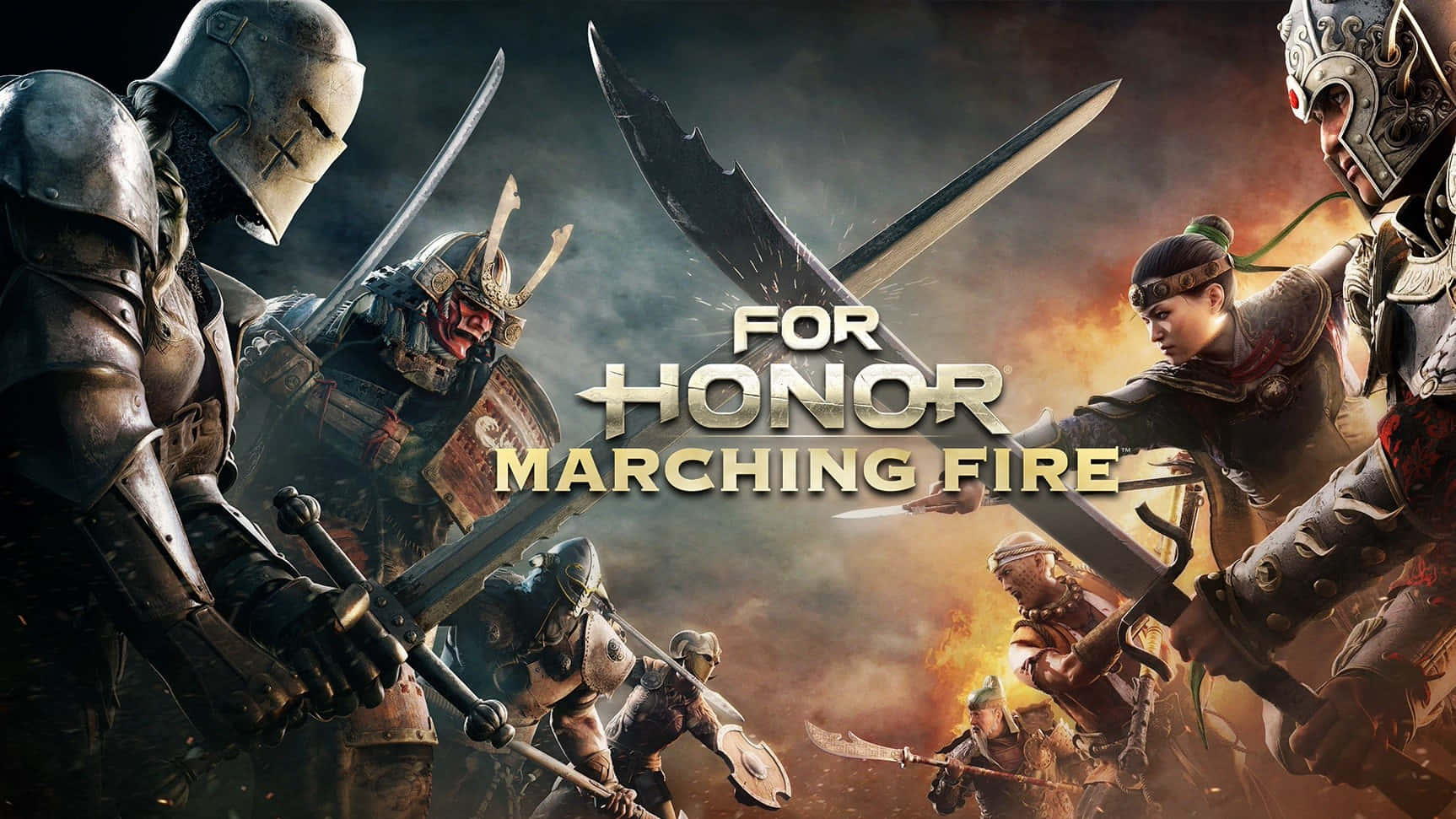 Female Samurai For Honor 桌布 壁紙 — 四名身穿盔甲的戰士在煙霧瀰漫的黑暗天空中拔劍激戰。