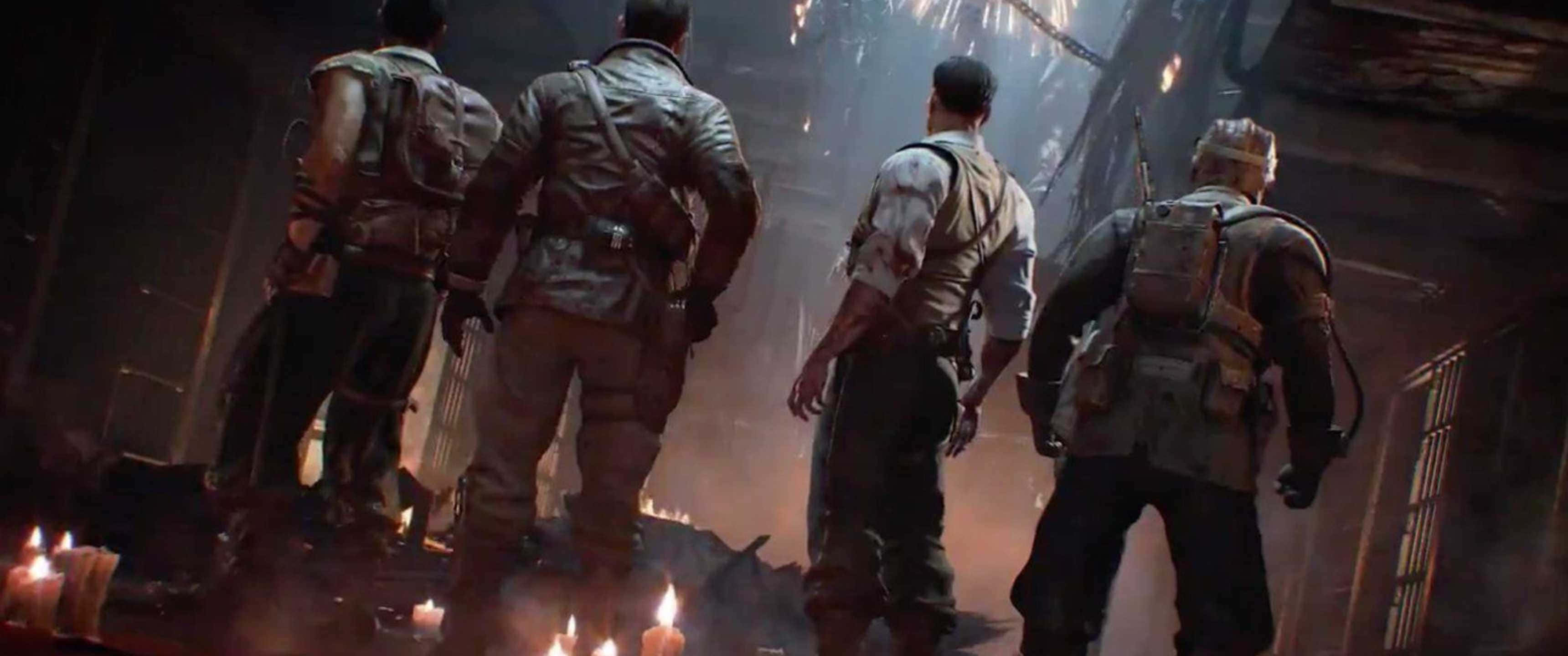 3440x1440p Call Of Duty Black Ops 4 桌布 壁紙 — 四名身穿破爛裝備的士兵在煙霧彌漫、被戰爭摧毀的廢墟中，背對著閃爍的燭光站立。