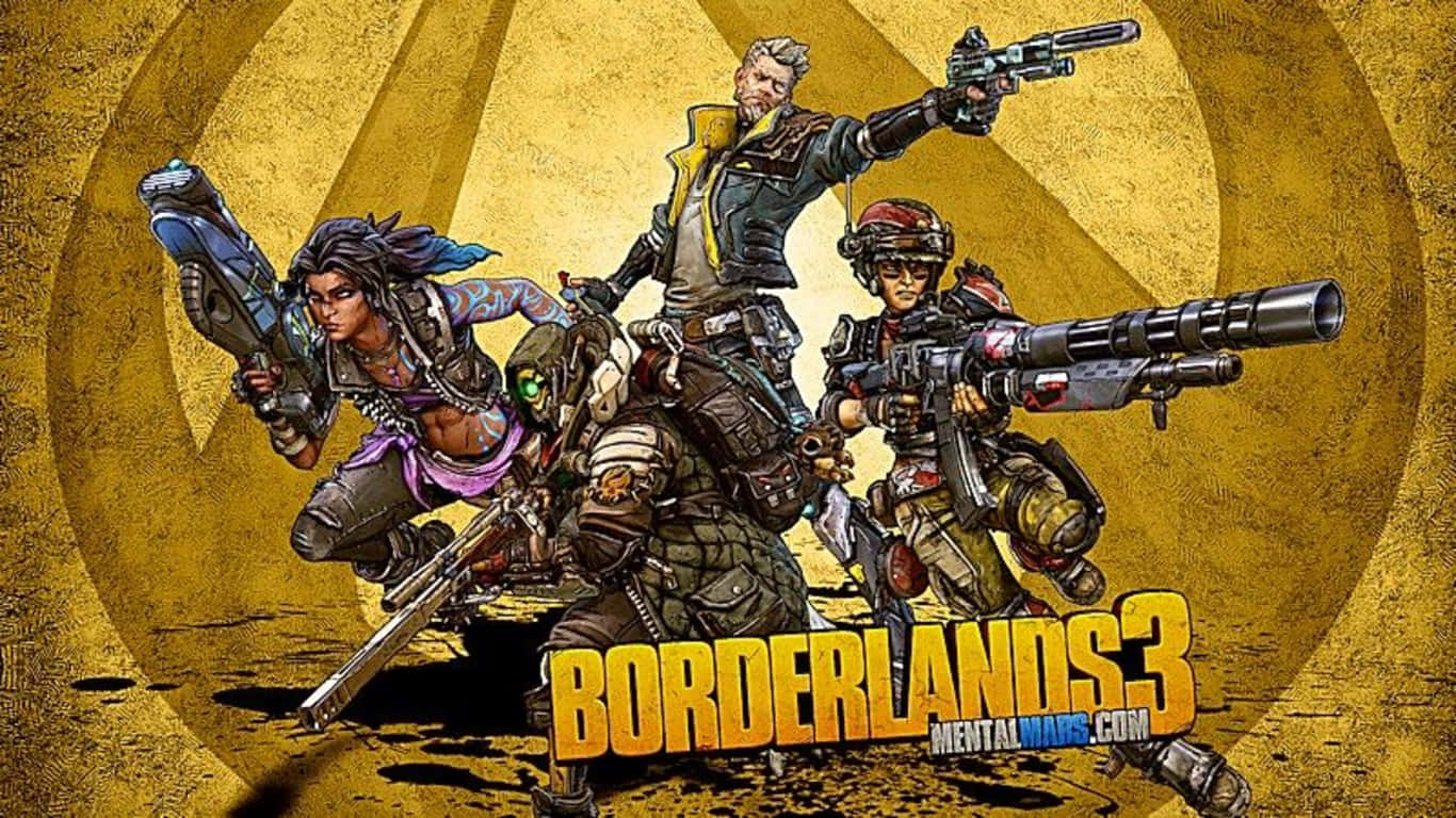 1366x768 Borderlands 3 桌布 壁紙 — 四名身穿粗糙盔甲的武裝傭兵在帶有紋理的黃色背景前動態擺姿勢，背景上有Borderlands 3標誌。