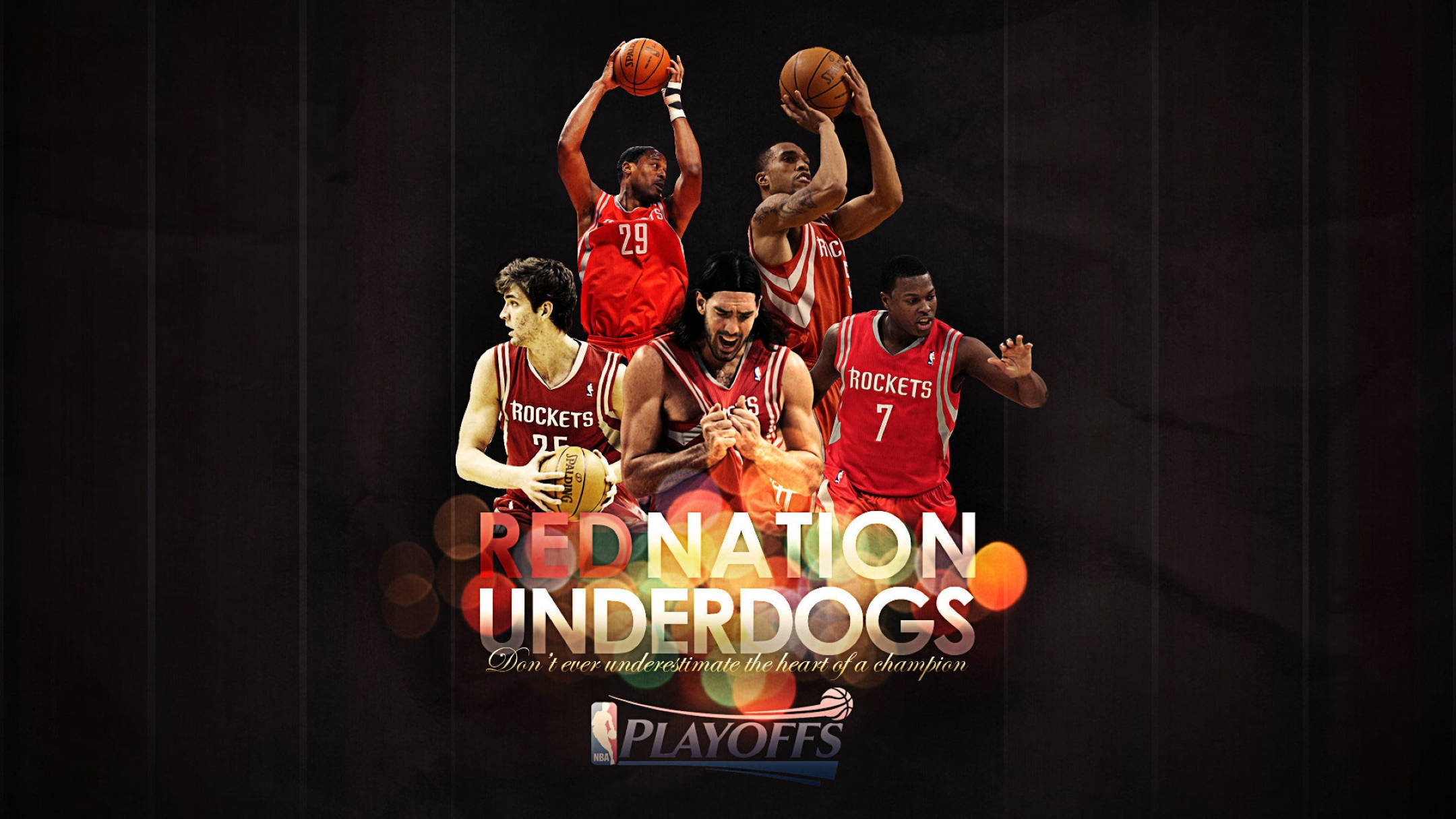 Houston Rockets 桌布 壁紙 — 四名身穿紅色火箭隊球衣的籃球運動員在黑暗背景中，伴隨著發光的散景燈光，動態地躍起。