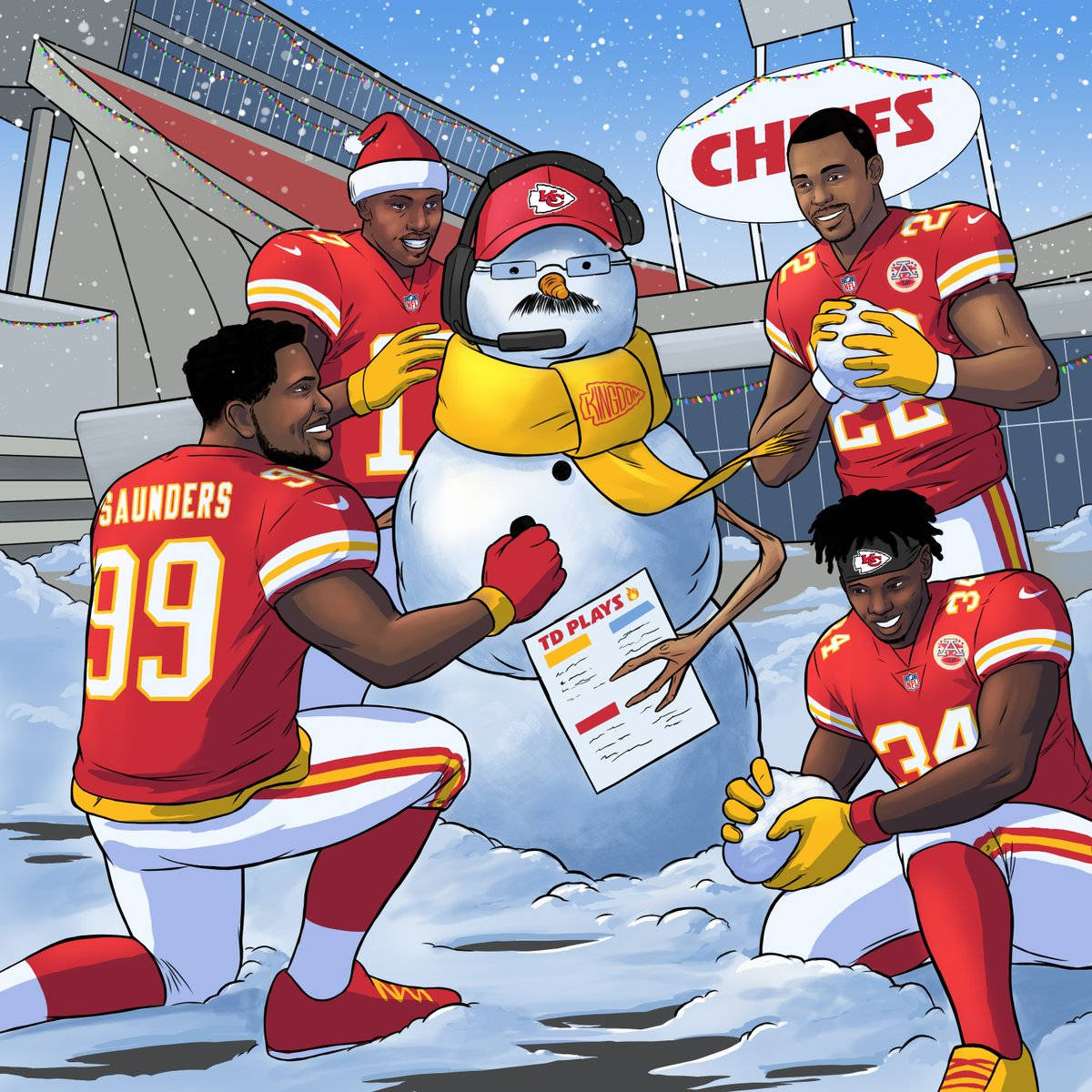 Cartoon 桌布 壁紙 — 四名身穿紅色球衣的堪薩斯城酋長隊足球員在雪地球場上與一個戴著酋長隊帽子、圍巾和耳機的雪人愉快互動。