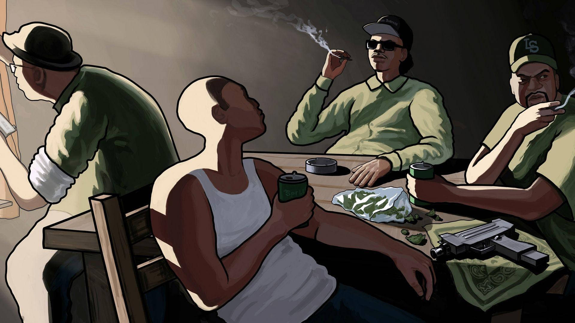 GTA 聖安地列斯 桌布 壁紙 — 四名身穿綠色服裝的男子圍坐在一張桌子旁，在昏暗的房間裡吸煙並處理毒品。