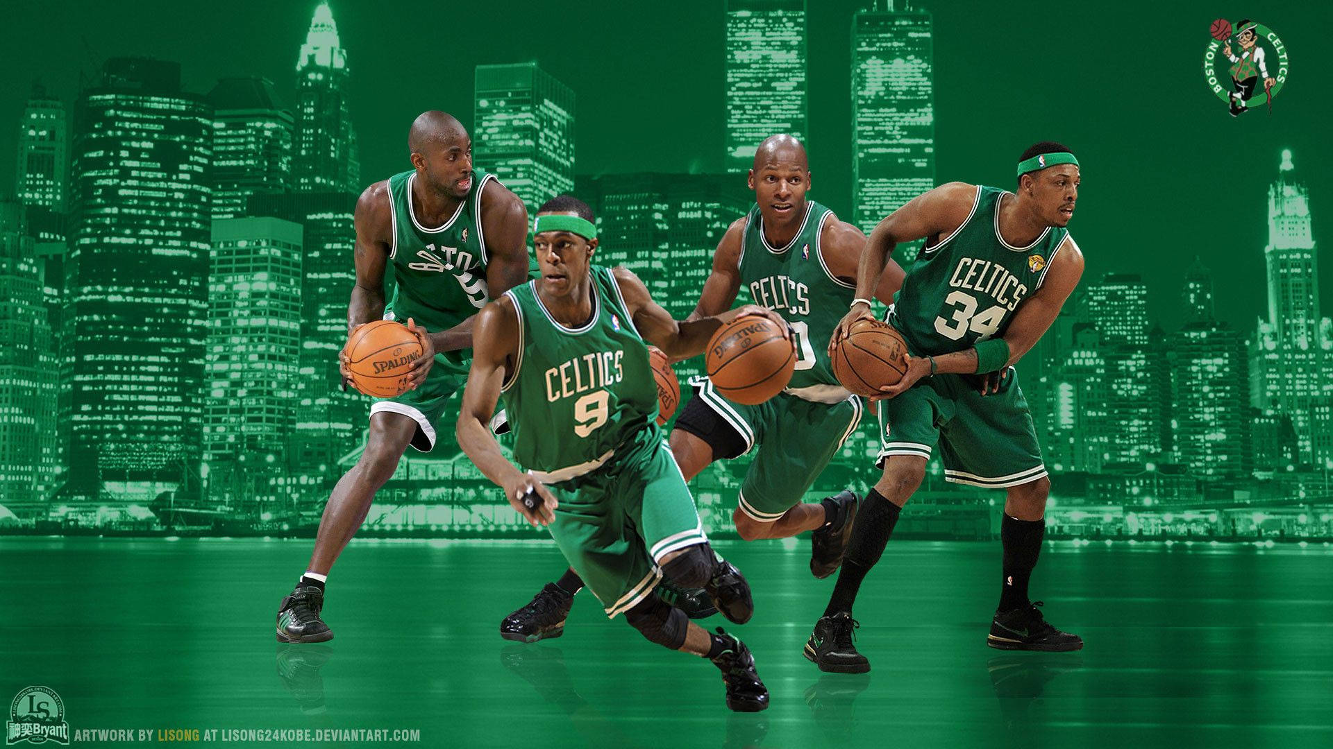 Celtics 桌布 壁紙 — 四名身穿綠色球衣的波士頓塞爾提克籃球運動員在夜間發光的綠色城市天際線背景下運球並擺出動態姿勢。