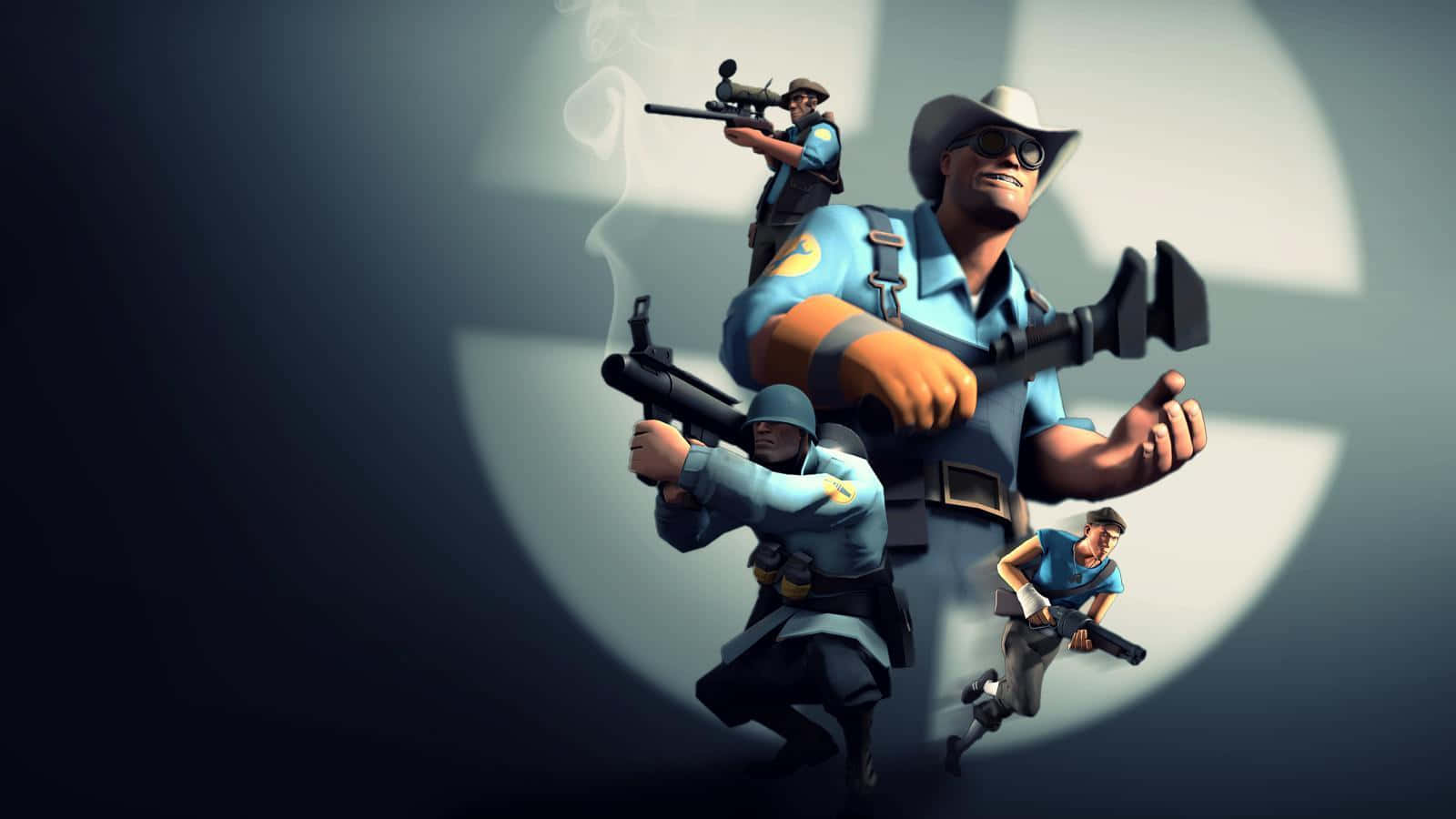 Tf2 Medic 桌布 壁紙 — 四名身穿藍色制服、手持武器的風格化士兵站在聚光燈下，背景為深色。