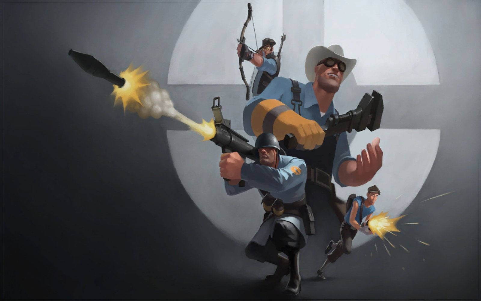 Tf2 桌布 壁紙 — 四名身穿藍色制服的風格化士兵在灰色背景上發射武器，帶有爆炸效果。