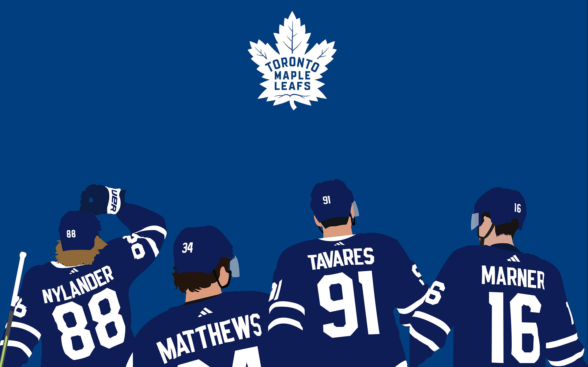 Leafs 桌布 壁紙 — 四名身穿藍色球衣的多倫多楓葉冰球運動員背向觀眾，站在純藍色背景上的球隊標誌下方。