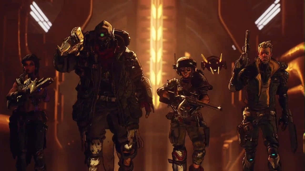 720p Borderlands 3 桌布 壁紙 — 四名身穿裝甲、手持發光武器的士兵，站在一個昏暗、充滿未來感的橙色光線走廊中。