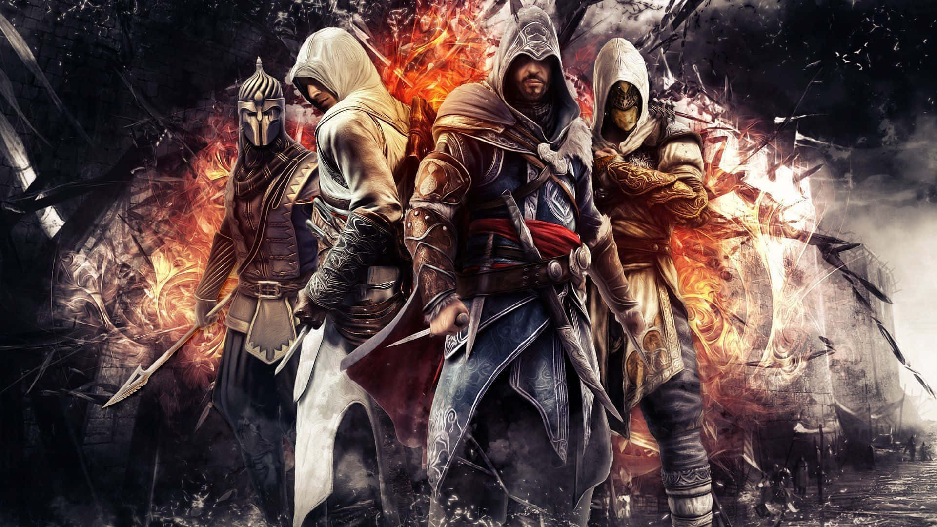 Assassin's Creed Altair 桌布 壁紙 — 四名身穿裝甲的刺客挑釁地站在一場熾熱的爆炸中，周圍有破碎的碎片飛舞。