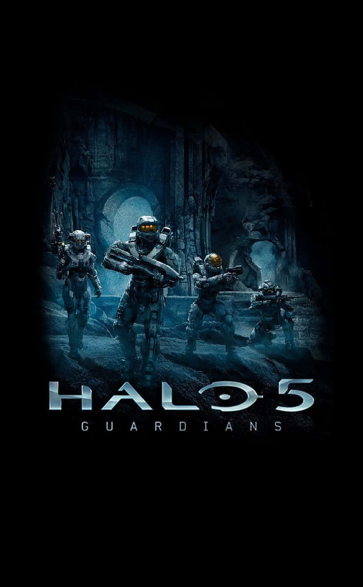Halo 5 Blue Team 桌布 壁紙 — 四名身穿裝甲的士兵站在藍色光線下的黑暗古老廢墟中，戴著發光的護目鏡並拔出武器。
