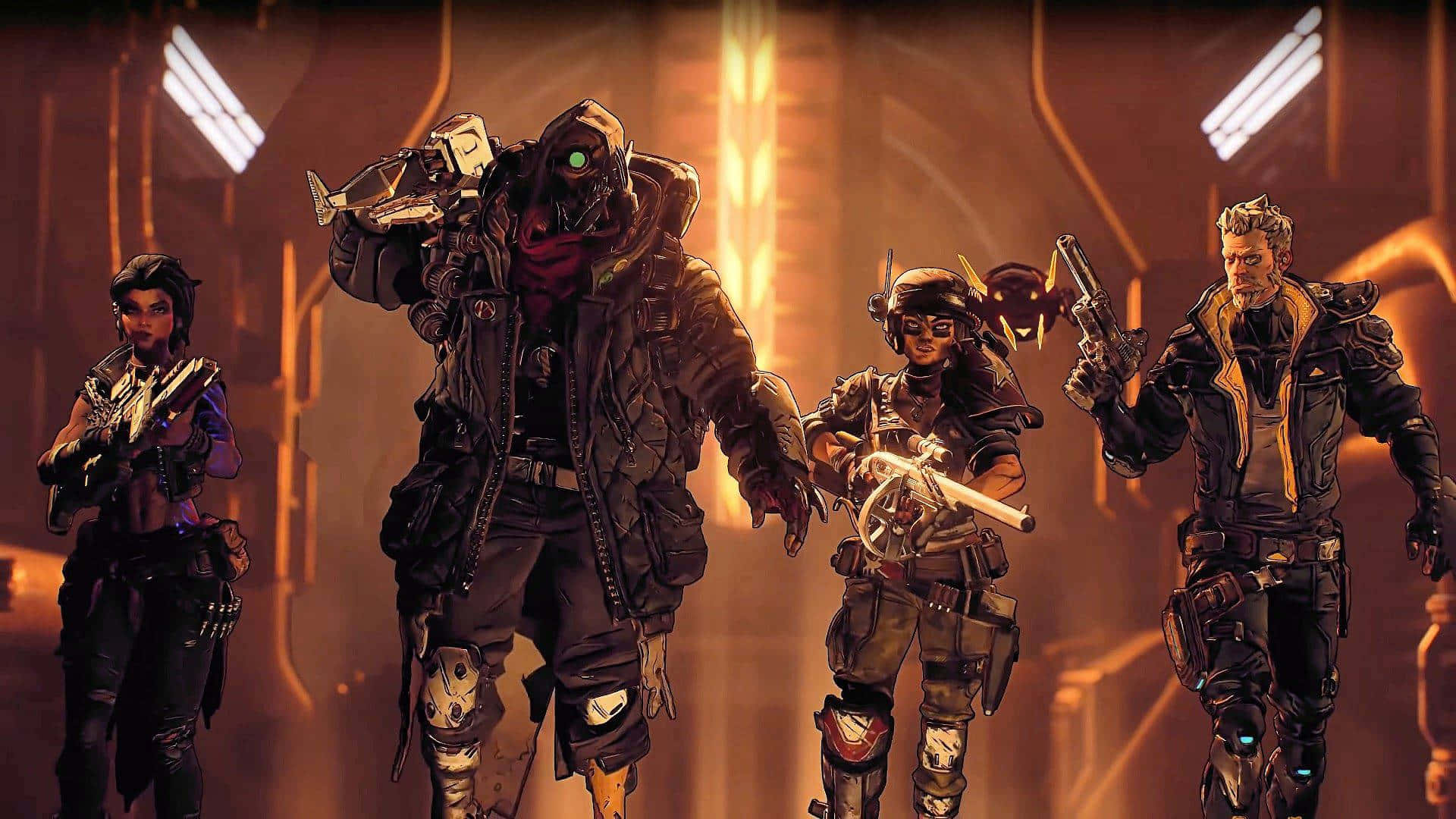 Best Borderlands 3 桌布 壁紙 — 四名身穿裝甲的未來戰士站在發光的科幻走廊中，手持先進武器。