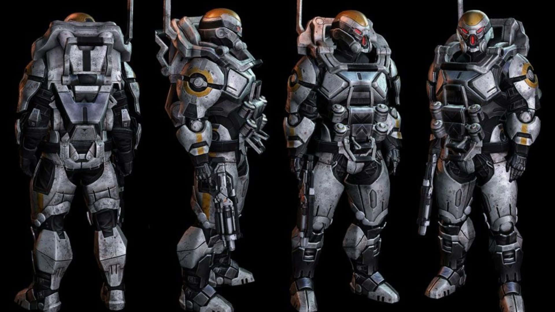 Mass Effect Cerberus 桌布 壁紙 — 四名身穿詳細未來戰鬥裝備的裝甲士兵，從多個角度在黑色背景前展示。