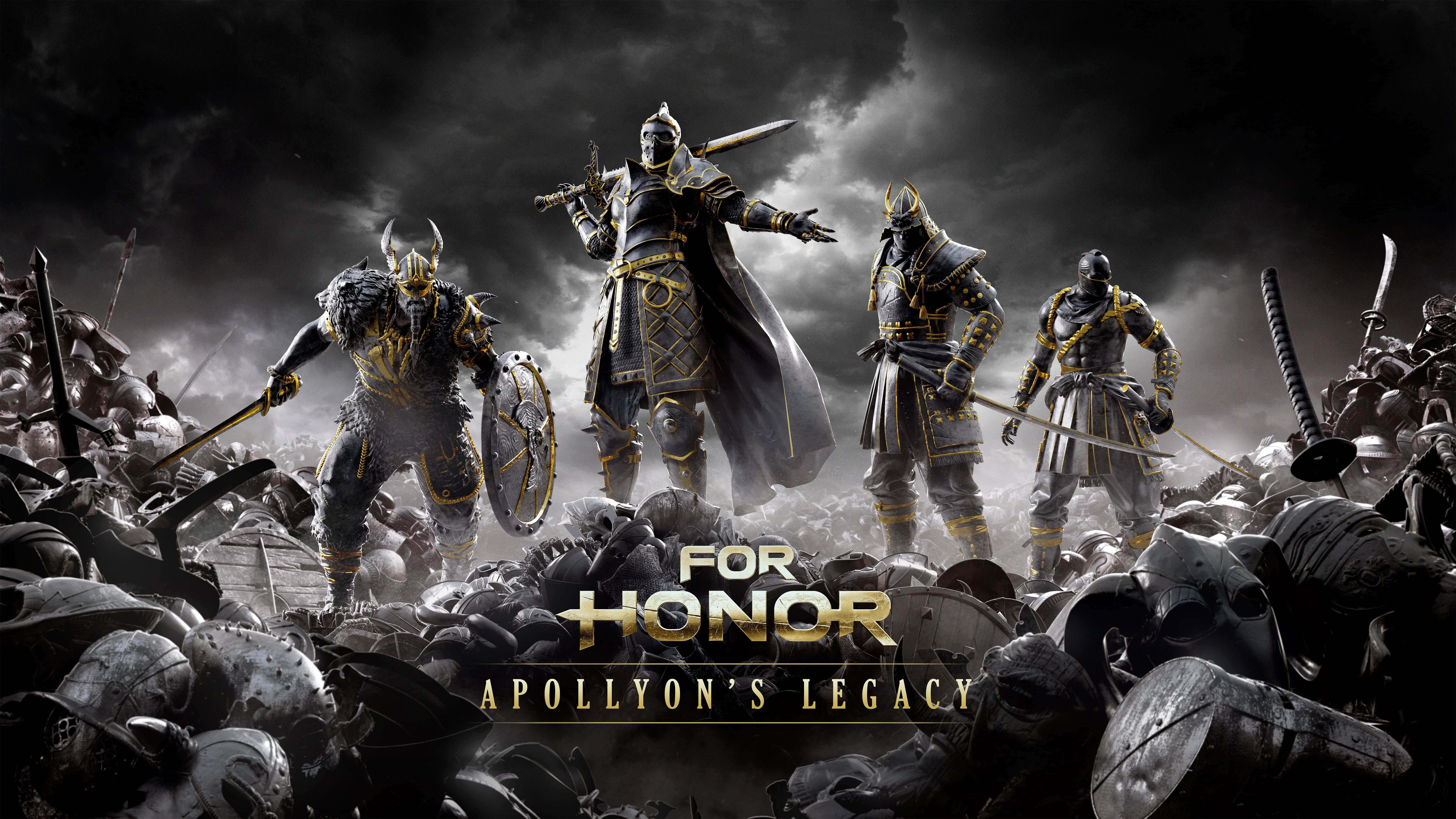 For Honor 桌布 壁紙 — 四名身穿鎧甲的戰士站在一個散落著頭盔和武器的戰場上，天空風暴密佈。