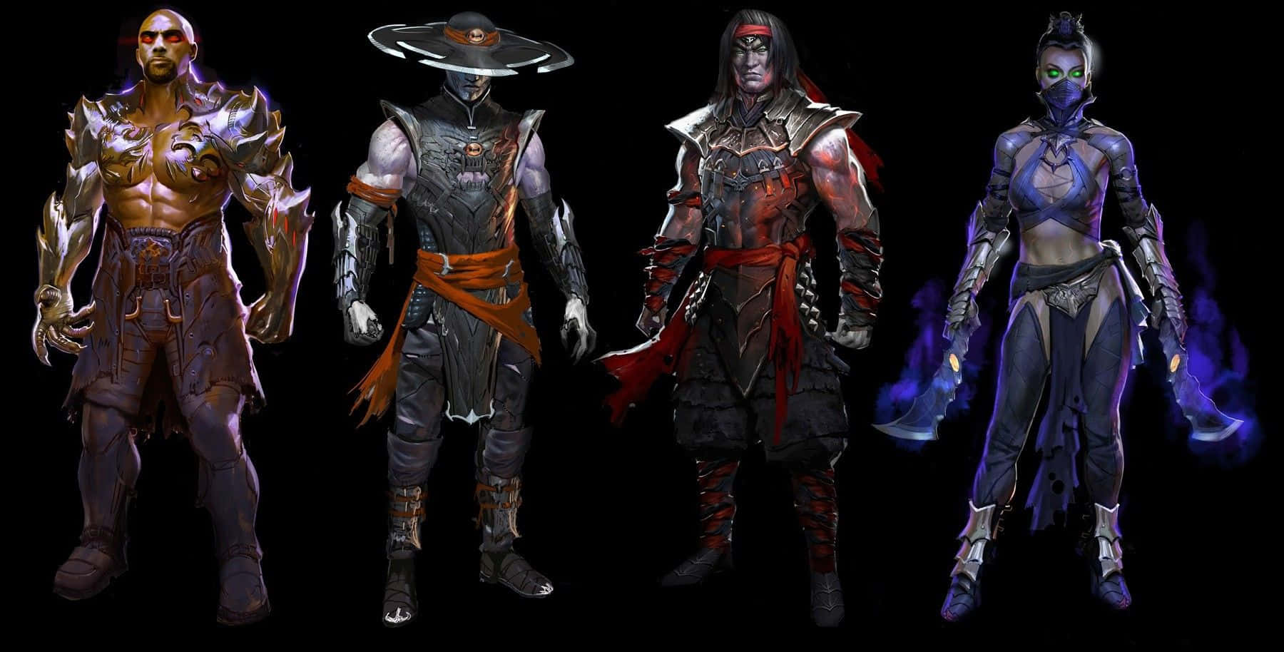 Mortal Kombat Liu Kang 桌布 壁紙 — 四名身穿黑暗奇幻盔甲的裝甲戰士，在黑色背景上帶有發光效果。