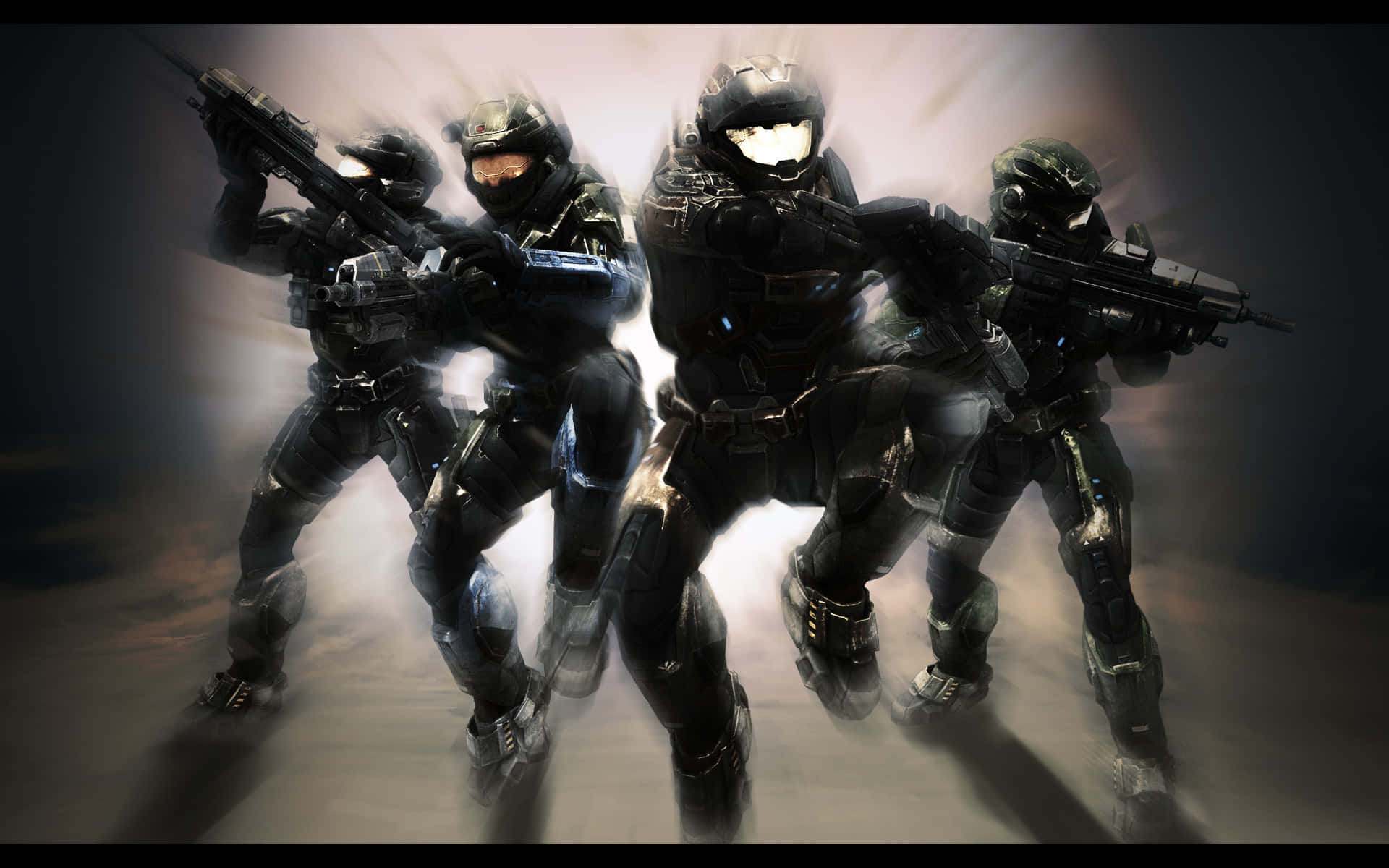 Halo Battle 桌布 壁紙 — 四名身穿黑色戰鬥裝備的裝甲士兵以動態隊形站立，武器高舉，背景煙霧瀰漫，帶有戲劇性的背光效果。
