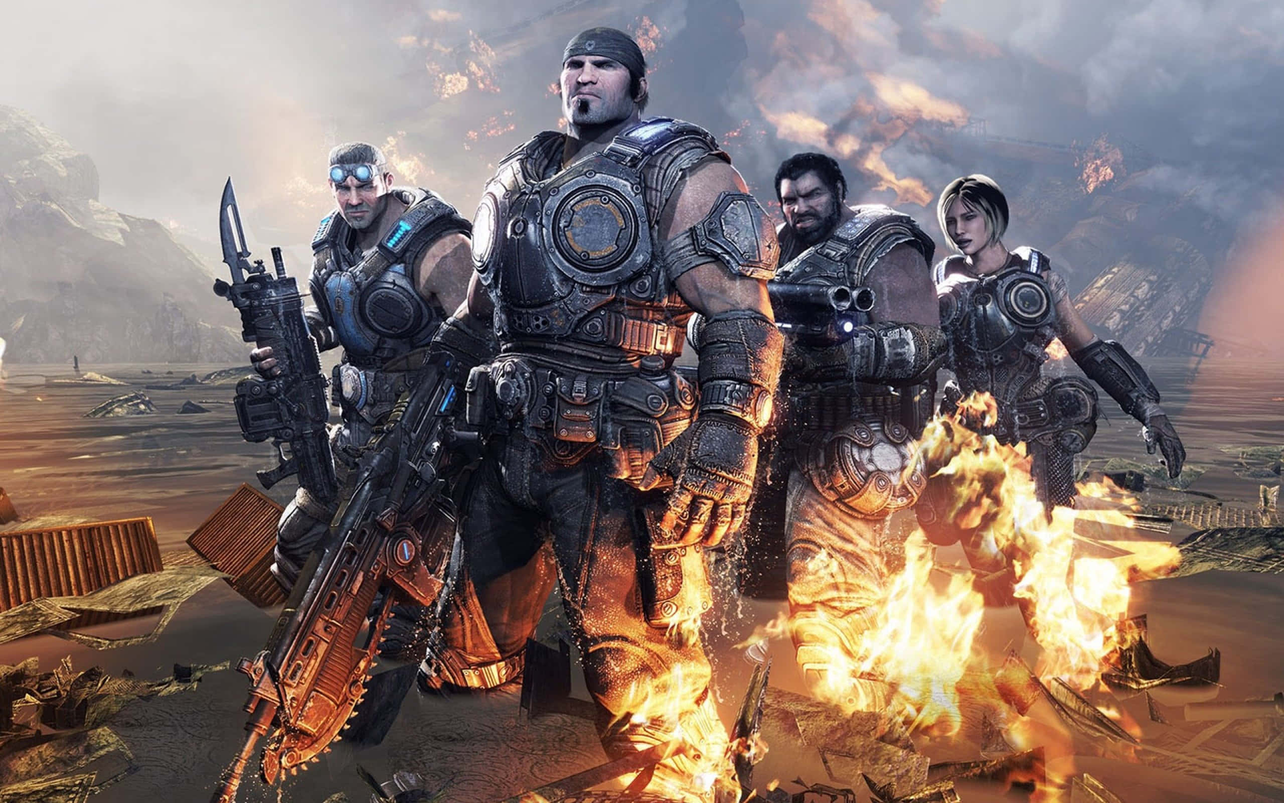Gears Of War Ultimate Edition 桌布 壁紙 — 四名重裝士兵挑釁地站在燃燒的荒地上，身後煙霧升騰。