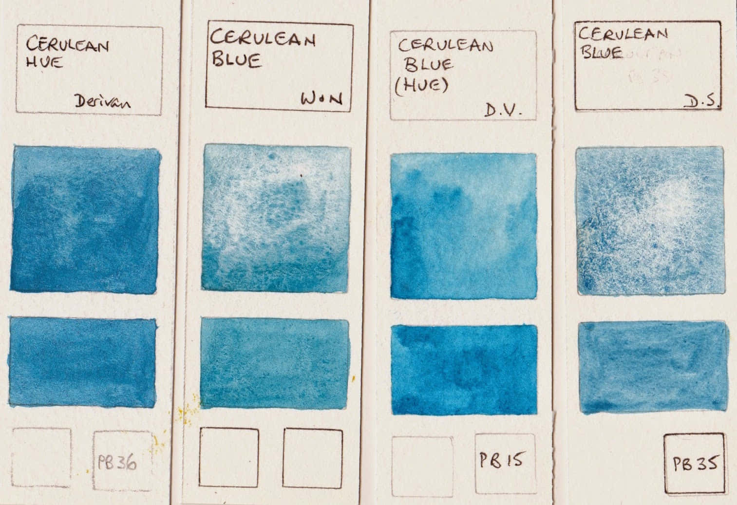 Cerulean Blue 桌布 壁紙 — 四塊水彩顏料色板，標有藝術家姓名縮寫和顏料代碼，位於紋理紙上，顏色為天藍色。