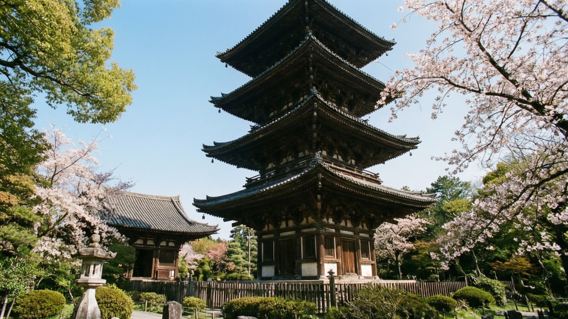 四天王寺塔 壁紙 — 一座傳統日本塔在清澈的藍天下高聳，被盛開的櫻花樹和茂密的綠樹環繞。