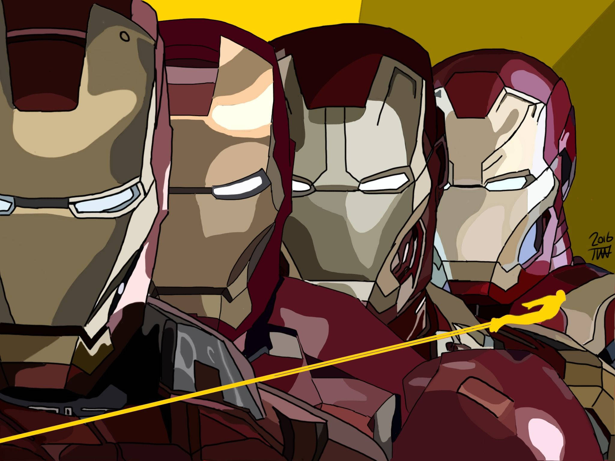 Iron Man Mark 3 桌布 壁紙 — 四套鋼鐵人戰衣一字排開，眼睛發光，一道黃色能量光束劃過前景。