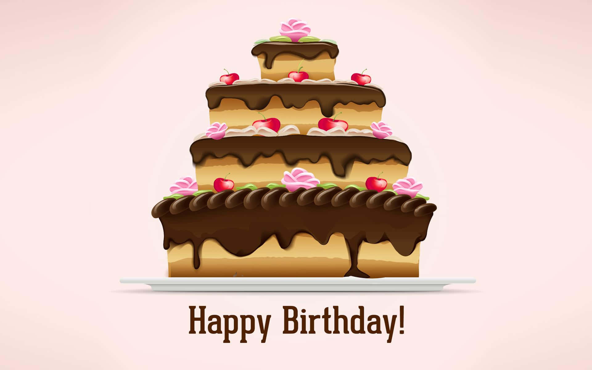 Birthday 桌布 壁紙 — 四層巧克力生日蛋糕，帶有滴落糖霜和櫻桃裝飾，背景為淡粉紅色。