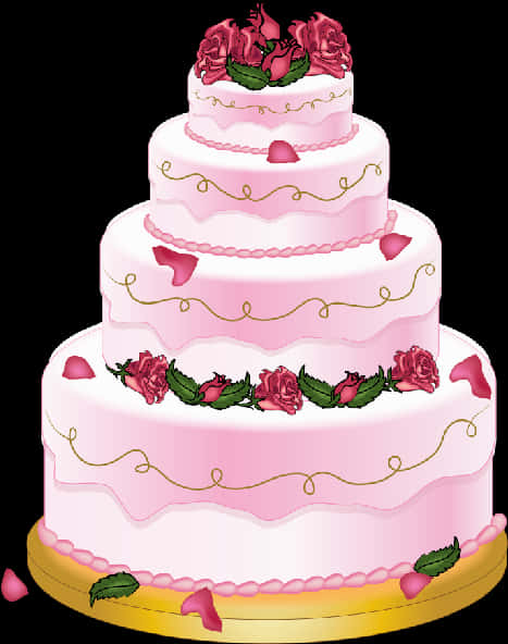 蛋糕 桌布 壁紙 — 四層粉紅色結婚蛋糕，飾有金色漩渦和紅玫瑰，置於金色底座上。