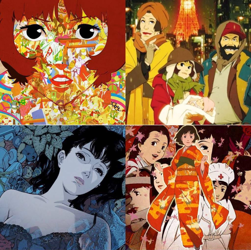 satoshi kon 桌布 壁紙 — 四幅動漫場景的拼貼畫：色彩繽紛的臉部馬賽克、艾菲爾鐵塔燈光下的一家人、藍色調的玩具女子，以及穿著傳統日本服飾的一群人。