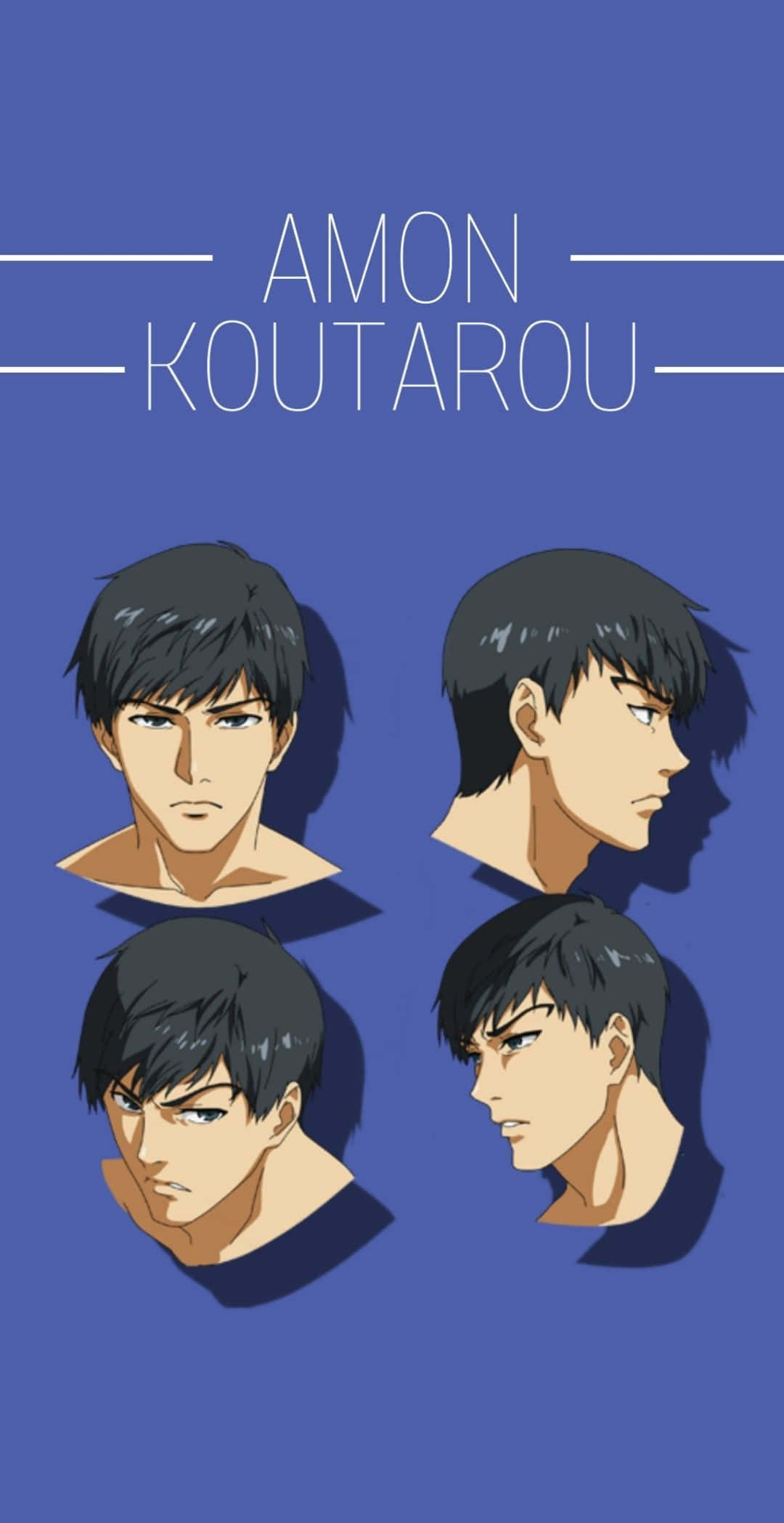 Koutarou Amon 桌布 壁紙 — 四幅動漫風格的肖像畫，描繪一個黑髮年輕男子在純藍色背景上從不同角度展示。