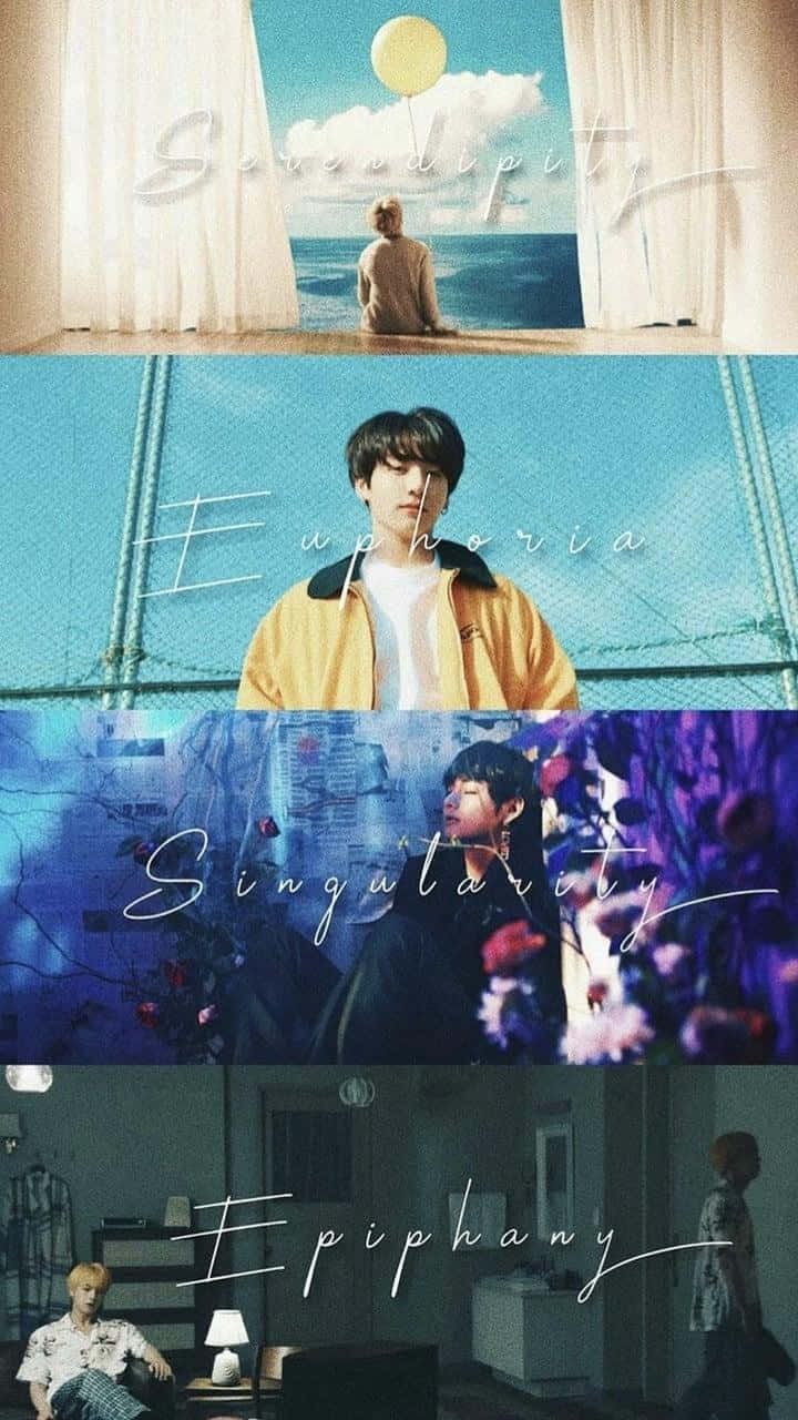Bts Fanart 桌布 壁紙 — 四幅場景的拼貼畫，展示一個人在不同心情和環境中，並帶有文字疊加。