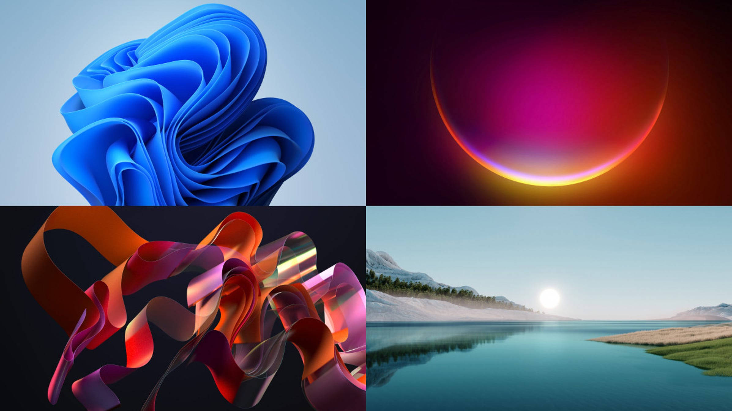 Windows 11 桌布 壁紙 — 四幅抽象數位藝術作品：旋轉的藍色絲帶、發光的宇宙環、充滿活力的絲帶雕塑，以及日出時寧靜的山間湖泊。