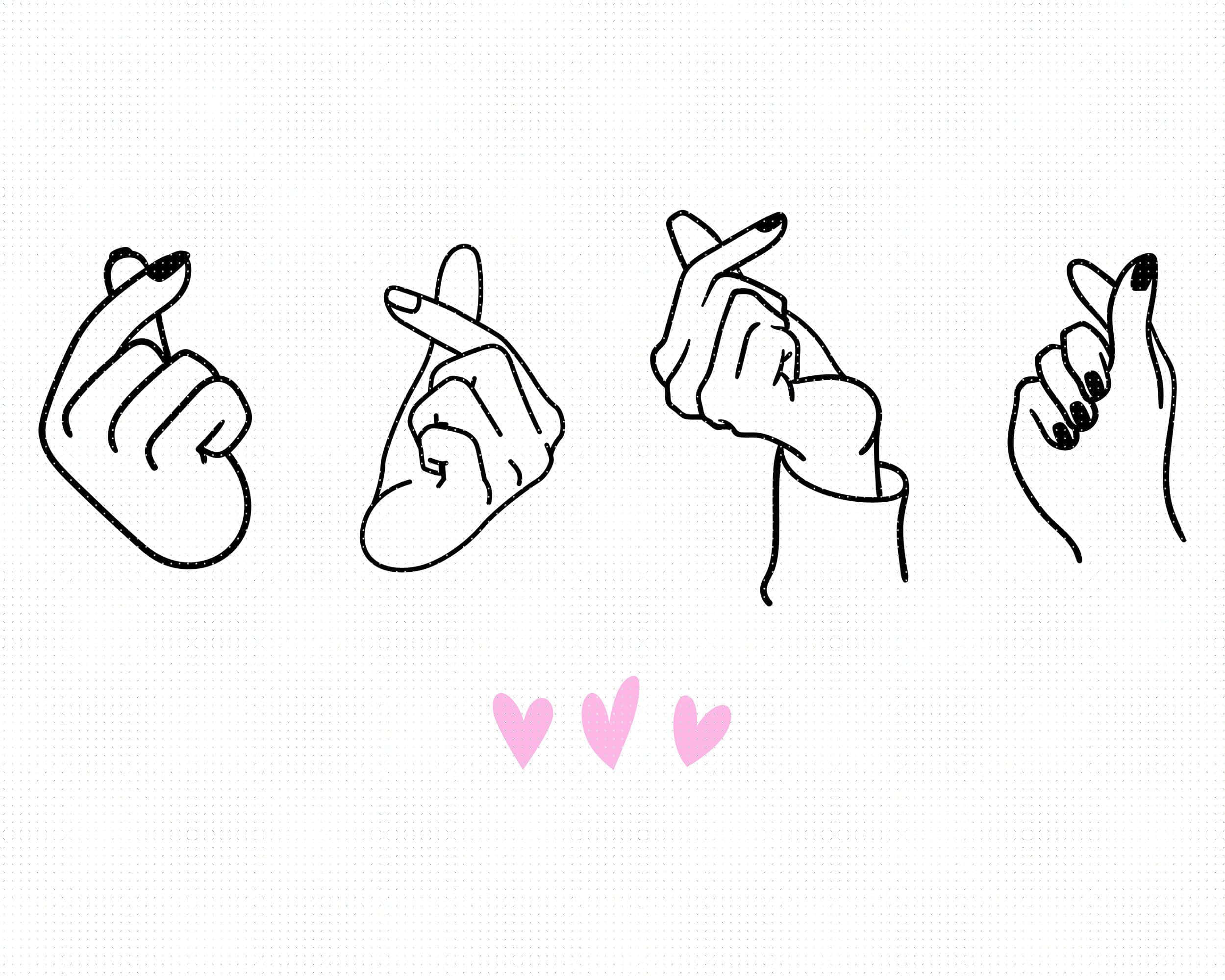 Finger Heart 桌布 壁紙 — 四幅極簡線條畫，描繪做出心形手勢的手，下方有粉紅色心形，背景為有紋理的白色。