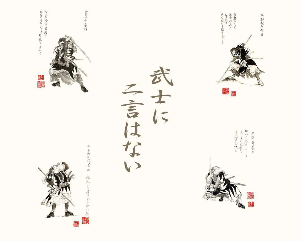 Bushido Samurai 桌布 壁紙 — 四幅水墨插圖，描繪武士在奶油色背景上以動態戰鬥姿勢呈現，並附有日本書法和紅色印章。