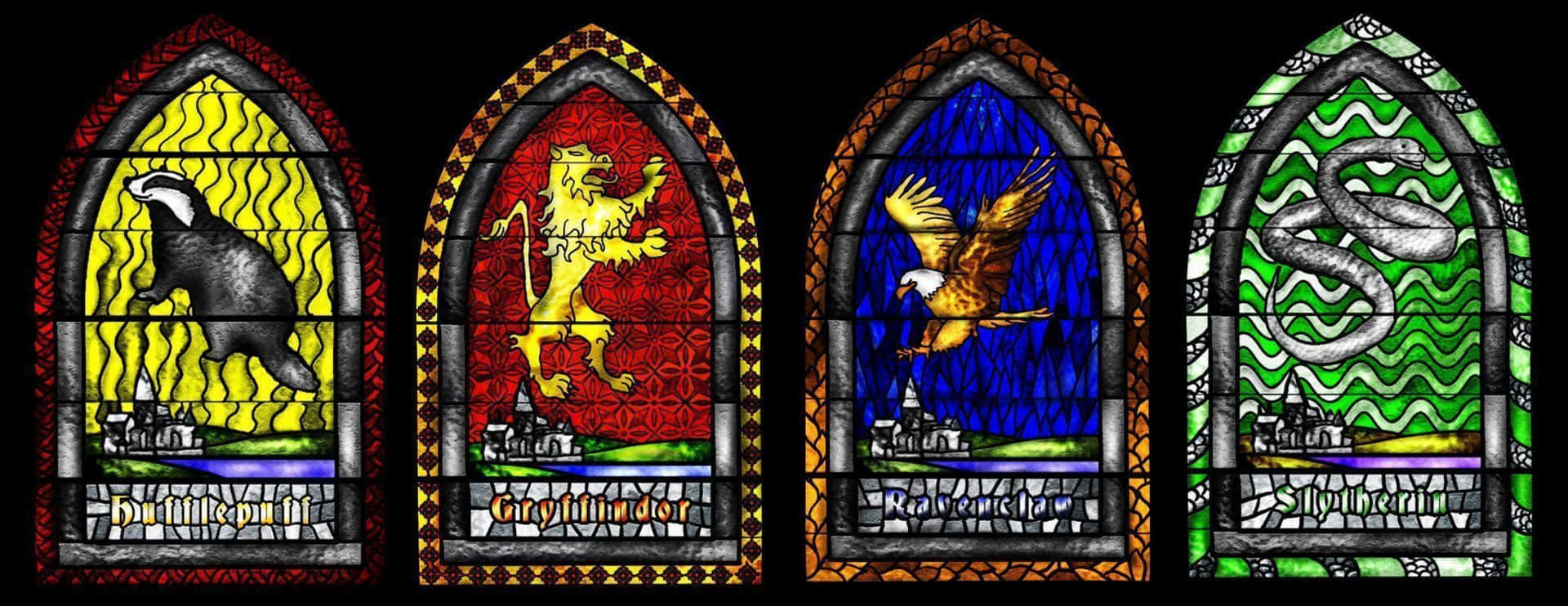 The Hogwarts Houses 桌布 壁紙 — 四幅色彩繽紛的彩繪玻璃窗描繪了霍格華茲學院：獾、獅子、鷹、蛇，背景鮮豔。