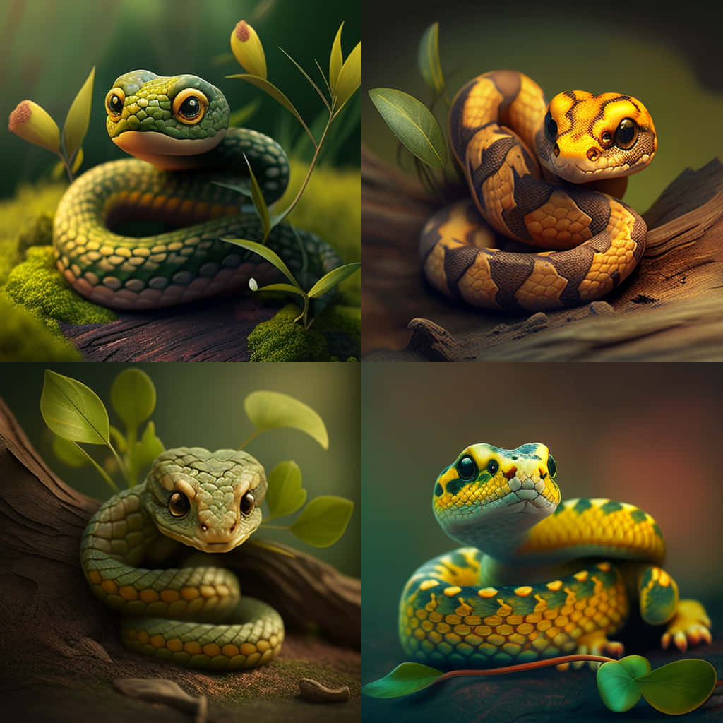 snakes 桌布 壁紙 — 四幅色彩鮮豔的數位插圖，描繪了盤繞的蛇，帶有細緻的鱗片，在長滿苔蘚的木頭和綠葉間休息。
