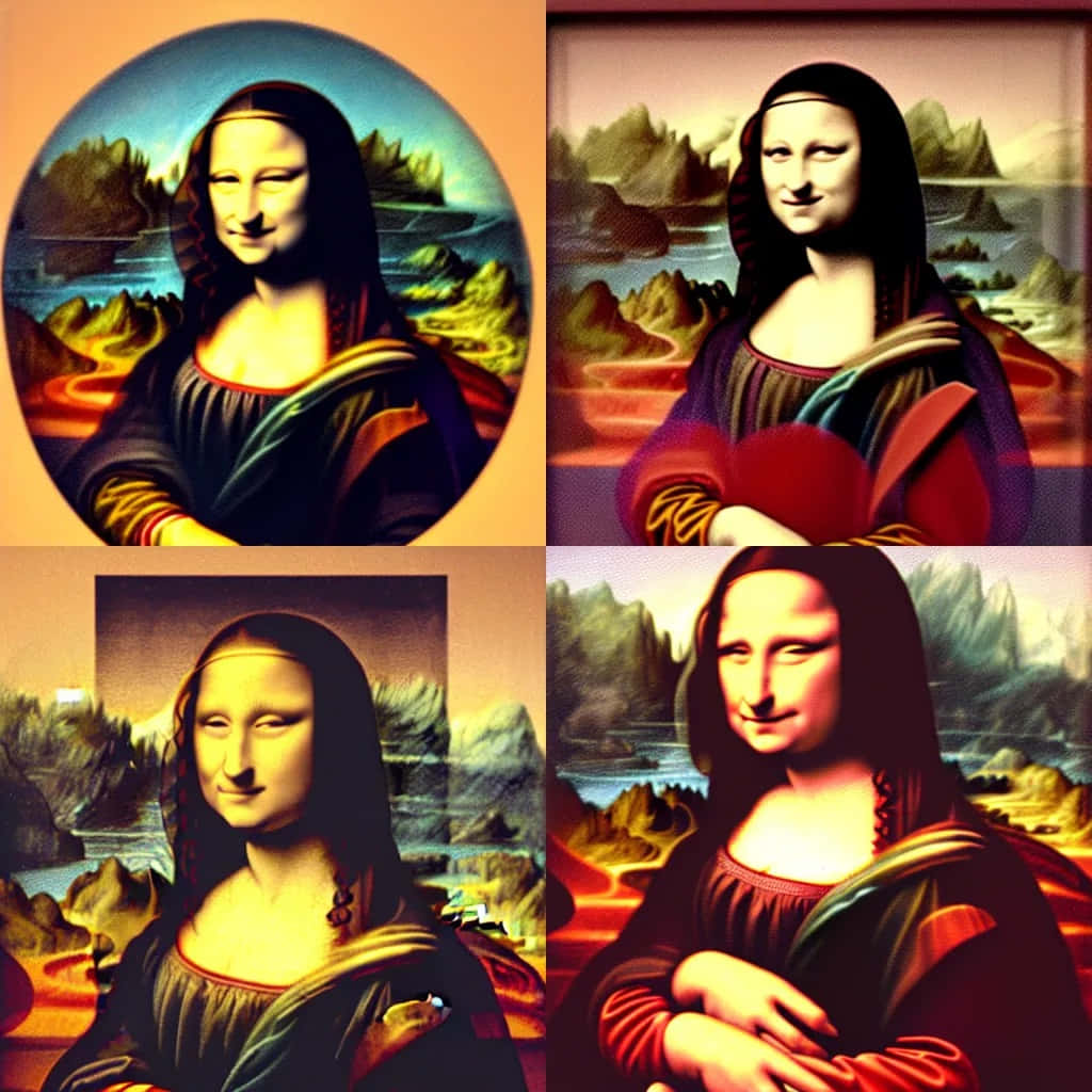 Mona Lisa 桌布 壁紙 — 四幅蒙娜麗莎變體，背後是超現實風景，色調溫暖發光。
