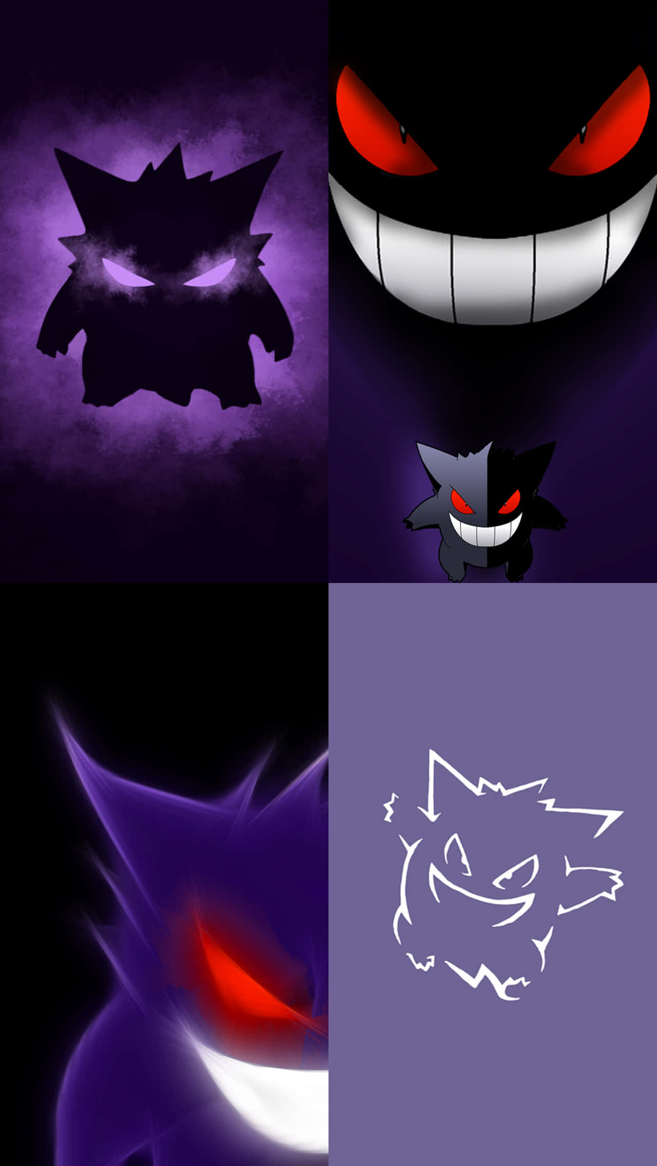 Pokemon Fan Art 桌布 壁紙 — 四幅面板壁紙，以陰暗紫色調呈現耿鬼，帶有發光的紅色眼睛和鋒利的白色牙齒，擺出各種威脅姿勢。