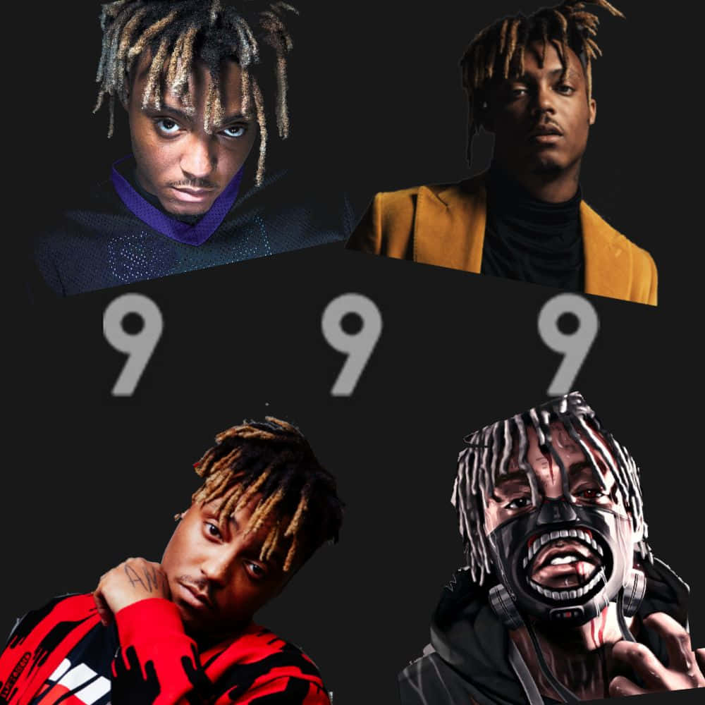 Xxxtentacion And Juice Wrld 桌布 壁紙 — 四幅風格化的肖像，描繪一名留著辮子的男子，以不同姿勢和服裝出現在黑色背景上，背景中有三個大的灰色九字。