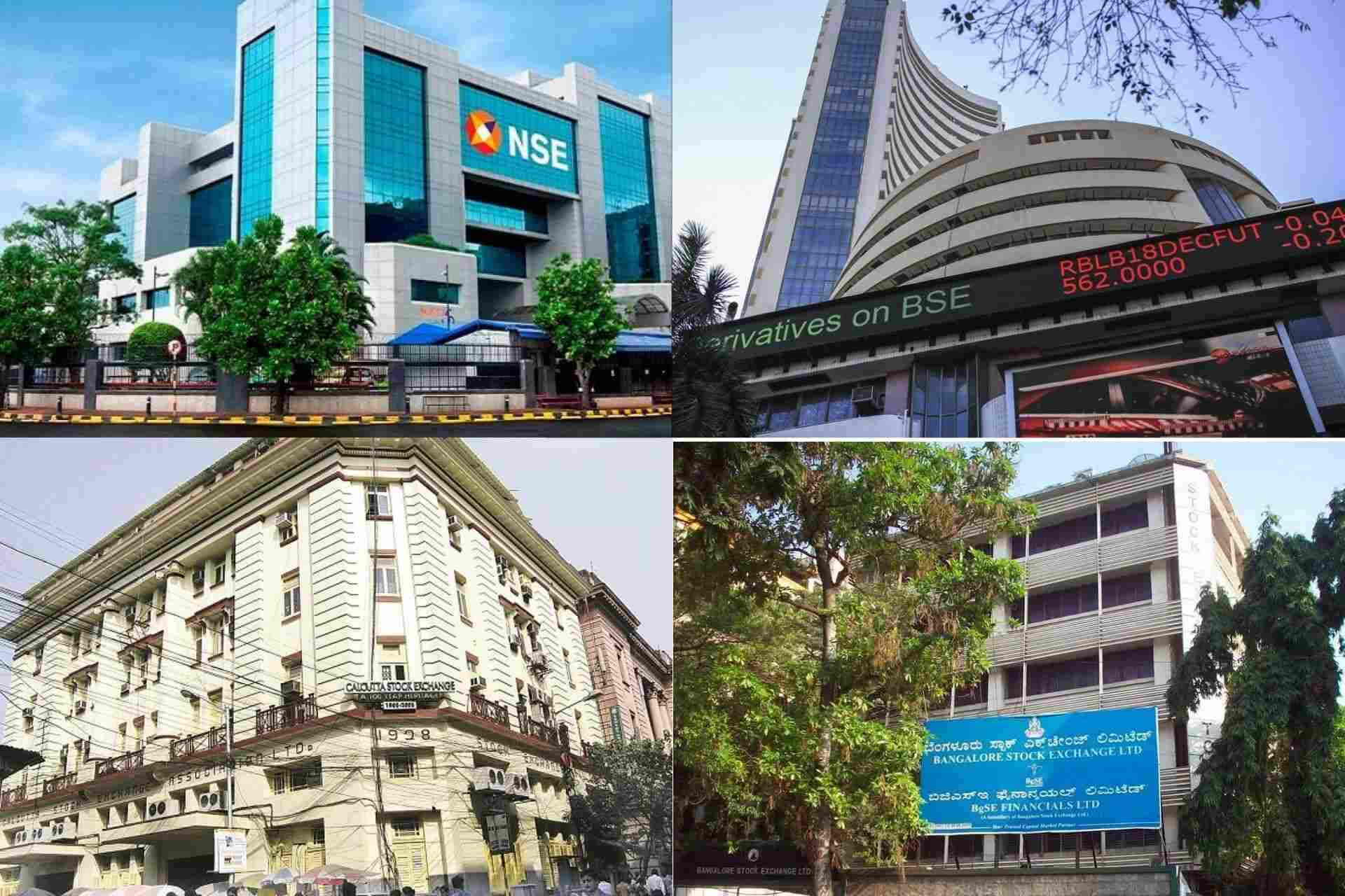  壁紙 — 四座印度證券交易所建築，包括NSE、BSE和班加羅爾證券交易所，在晴朗藍天下襯托著綠樹。