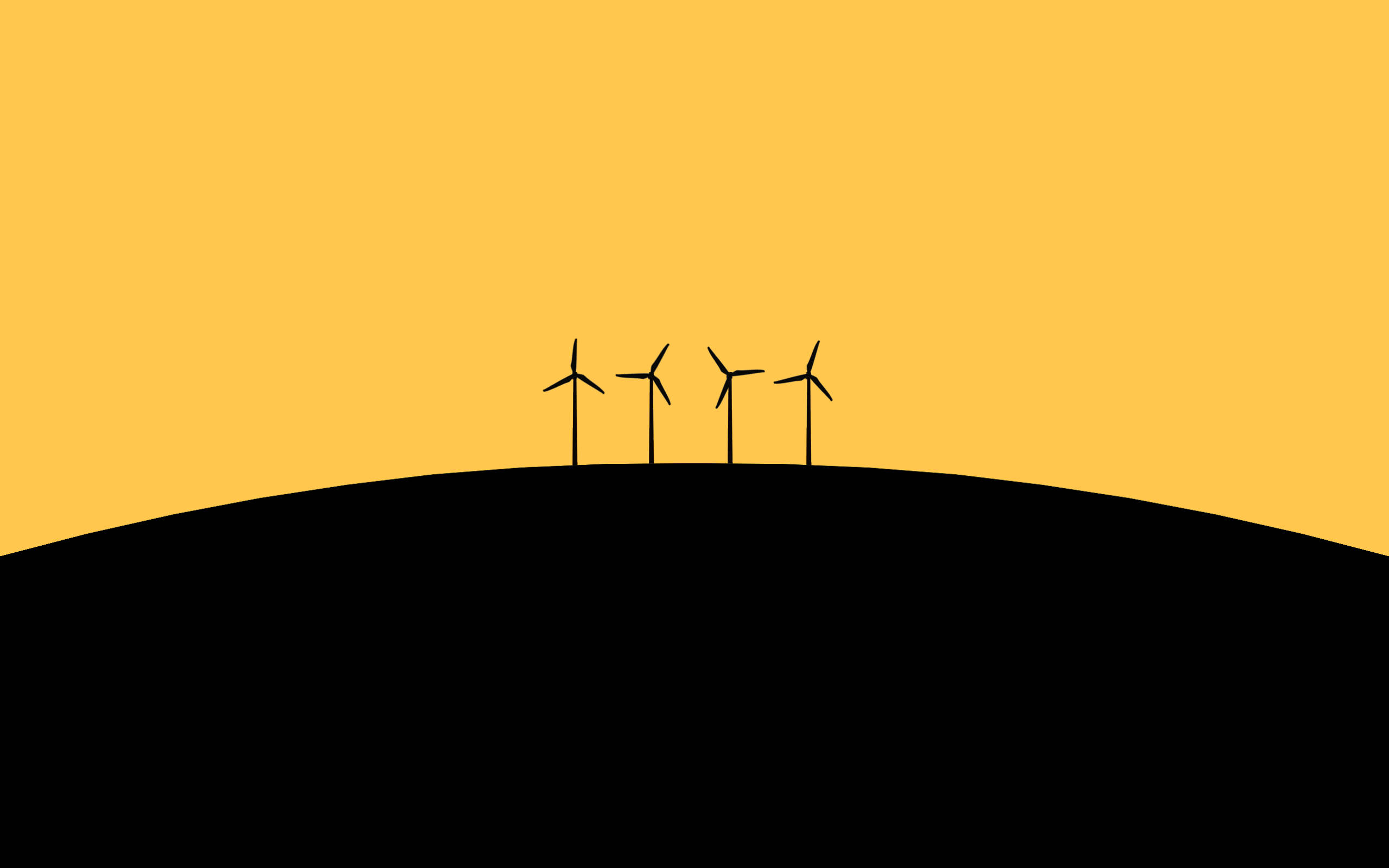 簡單動圖 桌布 壁紙 — 四座極簡風力發電機矗立在黑色山丘上，背景是純金黃色的天空。