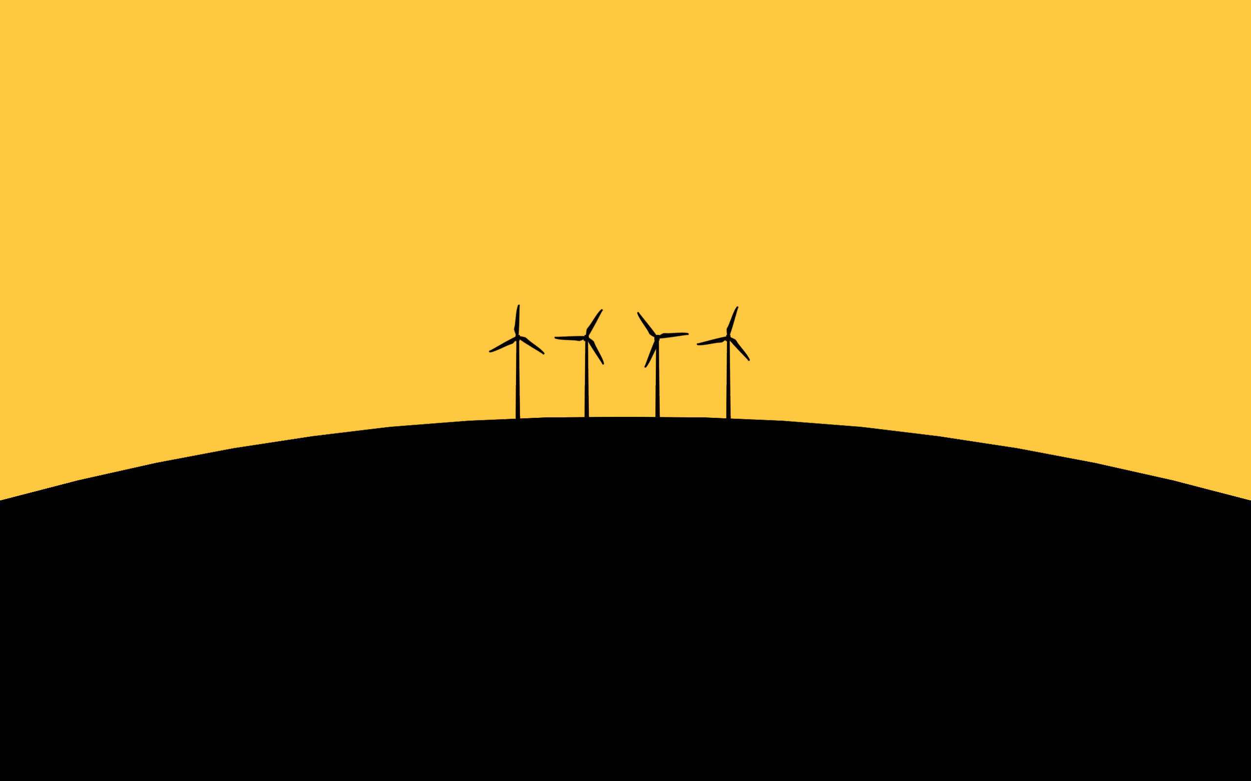 簡約高清 桌布 壁紙 — 四座簡約風力發電機矗立在黑色山丘上，背景是純金黃色的天空。