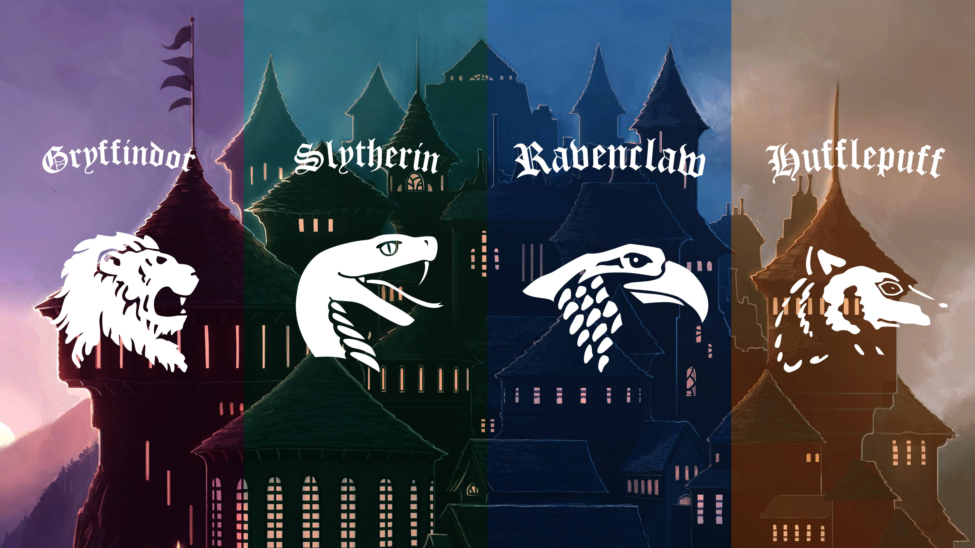 Hogwarts Aesthetic 桌布 壁紙 — 四座霍格華茲學院塔在暮色天空下閃耀，每座塔頂都有其動物標誌和哥德字體的名稱。