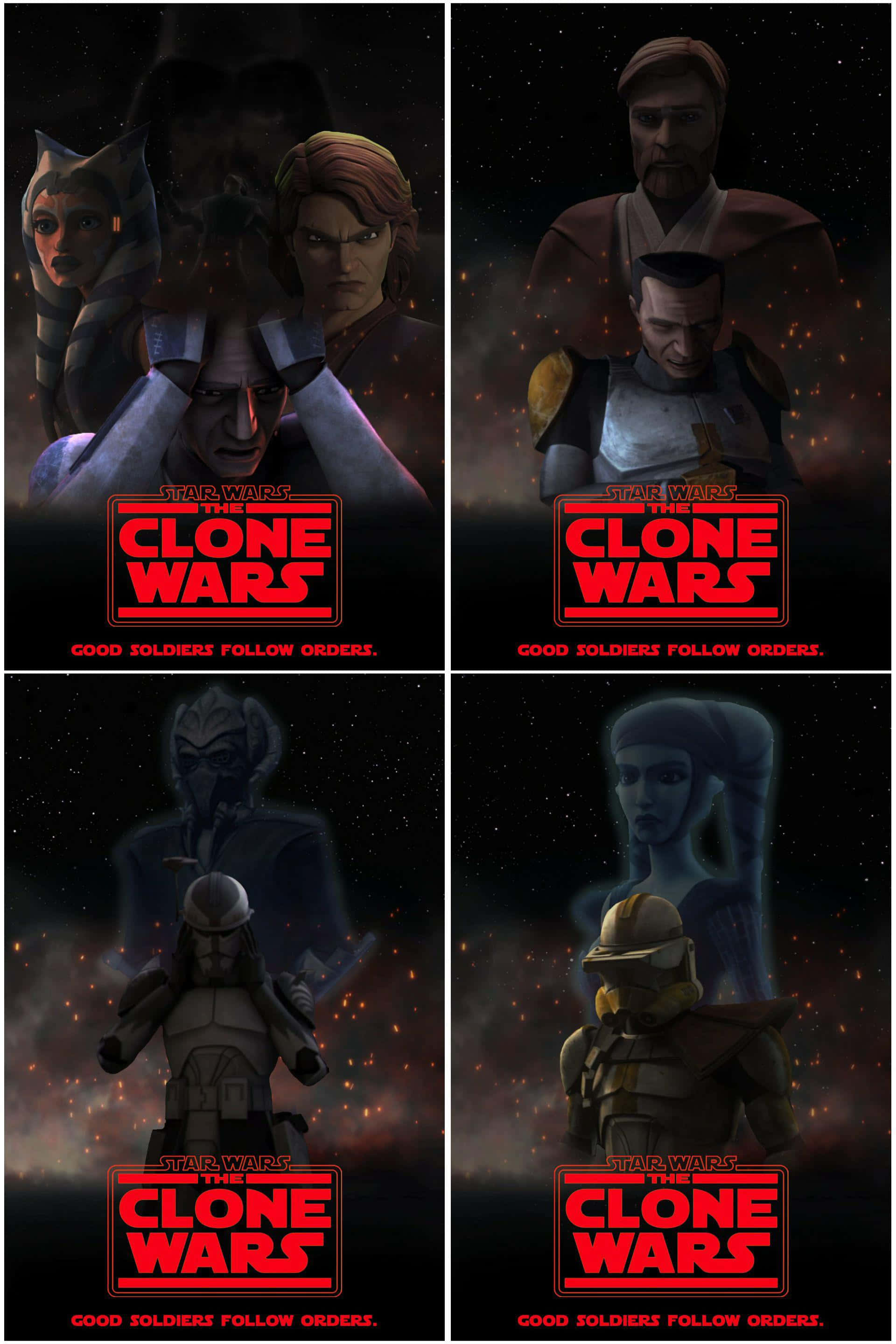 The Order 66 桌布 壁紙 — 四張《星際大戰：複製人之戰》角色海報， featuring 安納金、歐比王、亞蘇卡等角色，背景為星空暗色，帶有熾熱火花和紅色標誌。