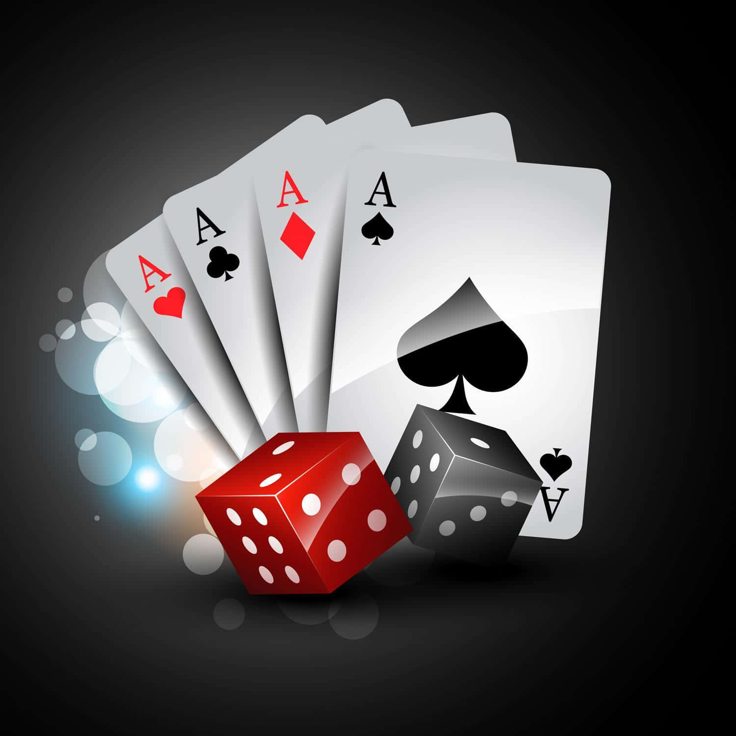 Card Games 桌布 壁紙 — 四張Ace和兩顆骰子在深色漸變背景上發光。