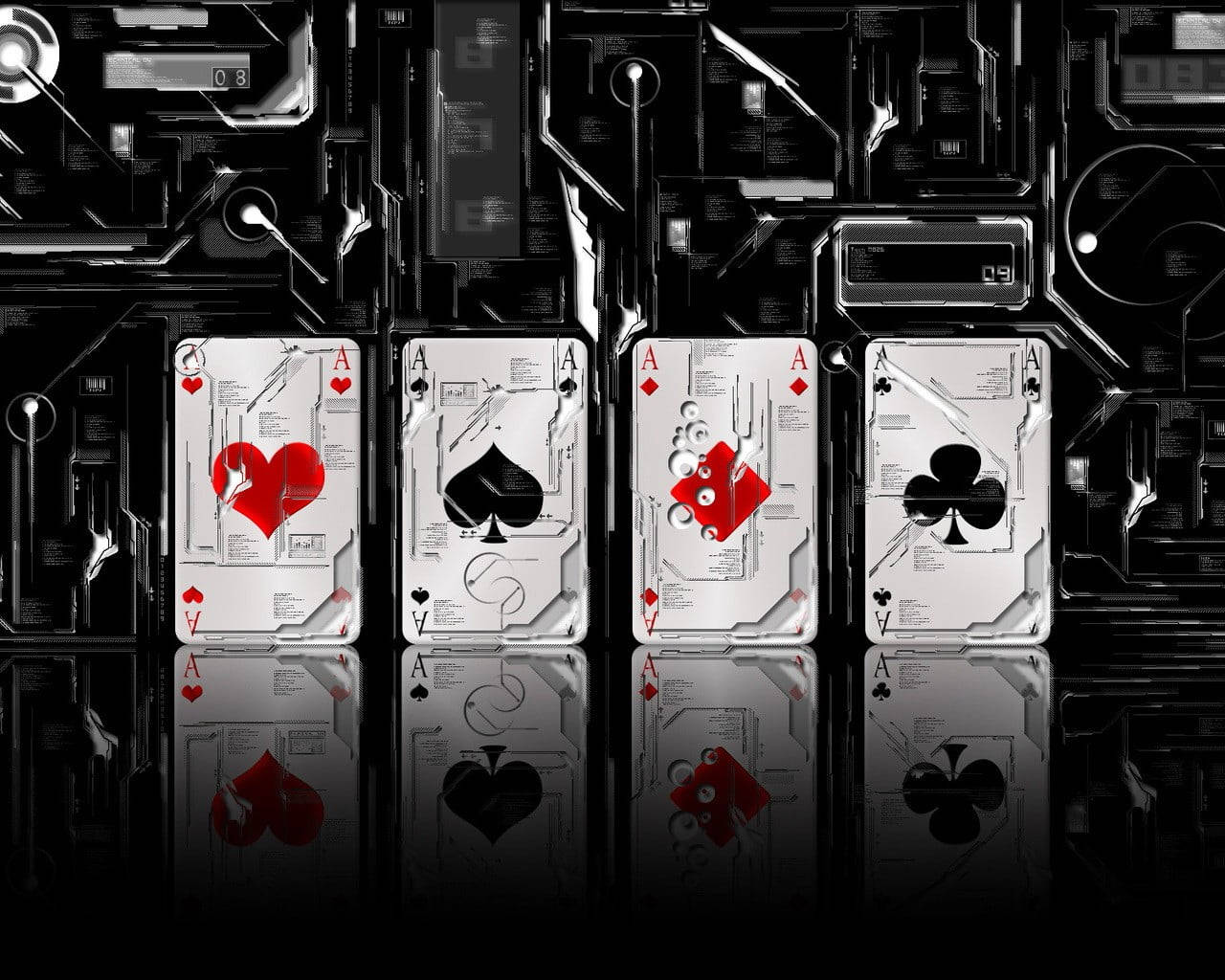 Playing Cards 桌布 壁紙 — 四張Ace撲克牌嵌入在具有反射表面和發光紅色點綴的未來電路板上。