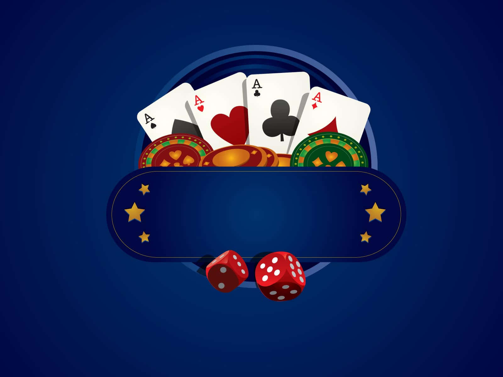 Casino 桌布 壁紙 — 四張A和彩色籌碼從藍色賭盤托盤中溢出，紅色骰子在深藍色漸變背景下方滾動。