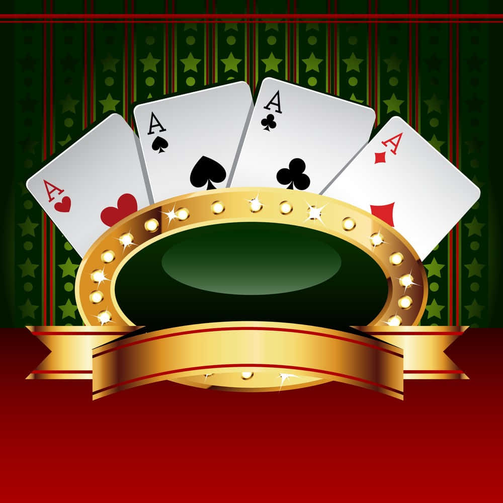 Casino 桌布 壁紙 — 四張A牌扇形展開在金色籌碼托盤上方，背景為綠色星星圖案。