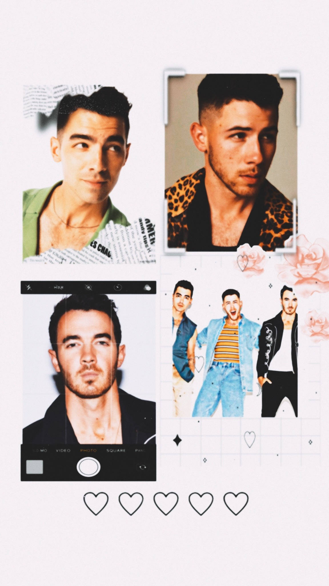 Jonas Brothers 桌布 壁紙 — 四張Jonas Brothers照片的拼貼，帶有花卉和心形塗鴉，背景為淺色。