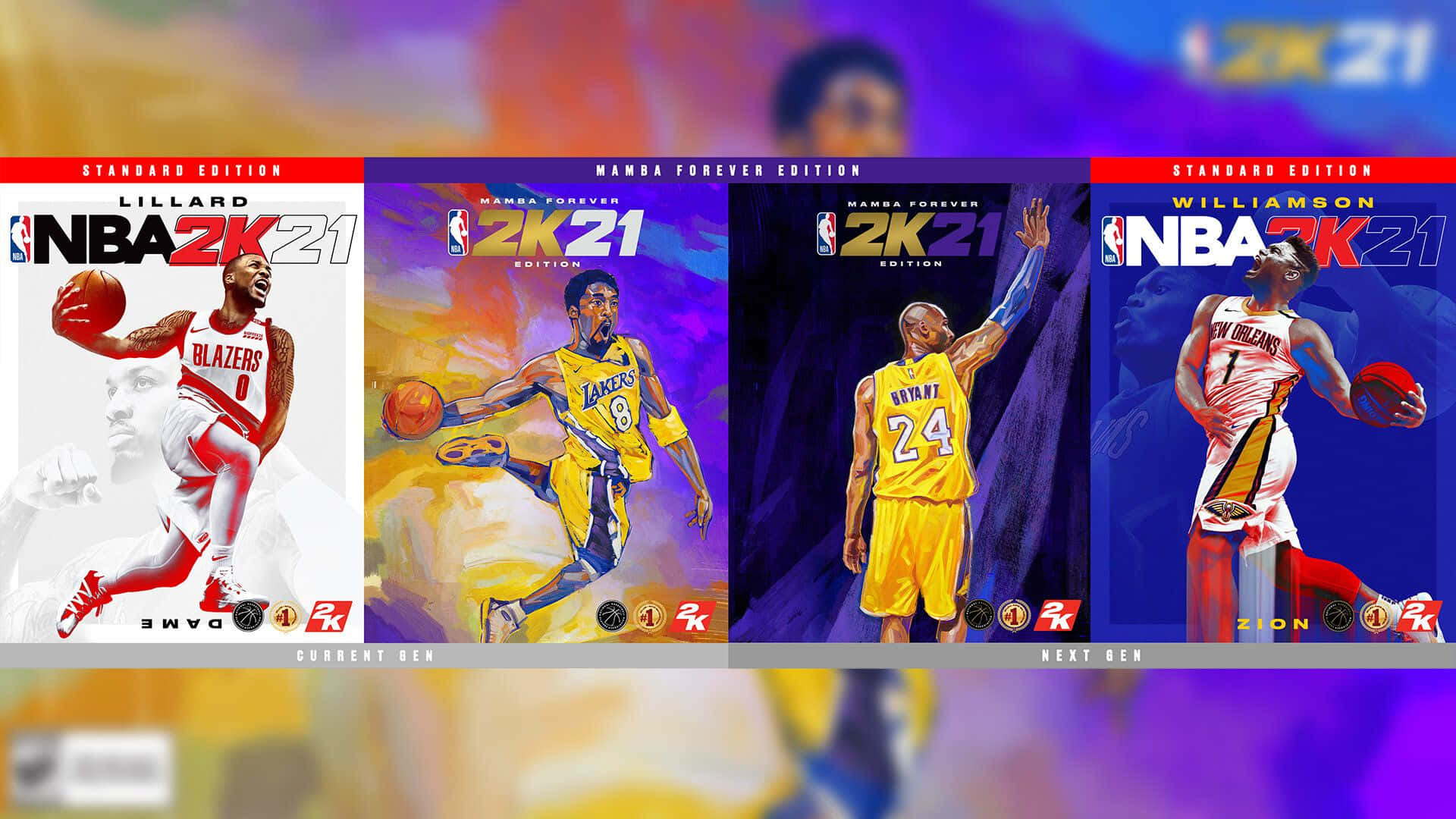 NBA 桌布 壁紙 — 四張NBA 2K21封面藝術插圖，展示籃球運動員在動態姿勢中，背景為鮮豔的漸變色。
